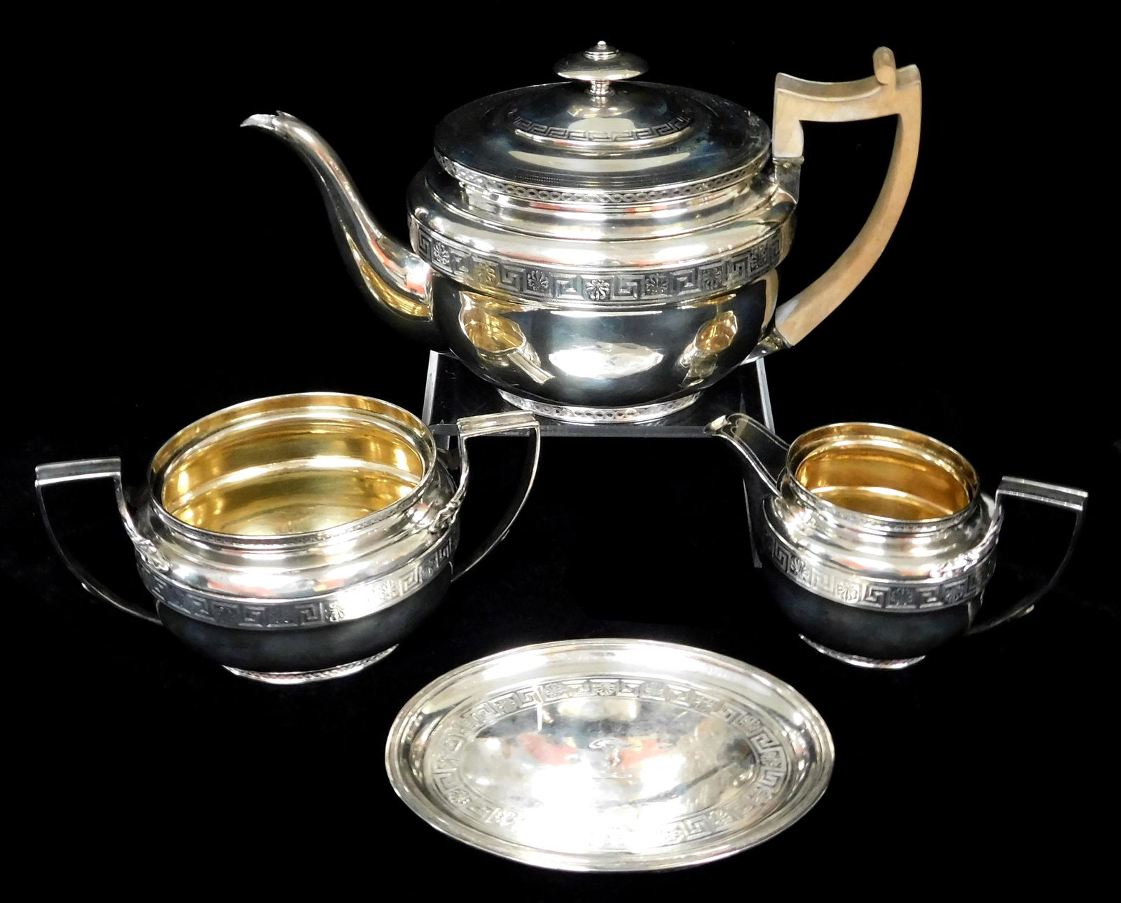 STERLING: George III tea service, John Emes maker, London, c. 1805, four pieces including teapot (1 of 7)