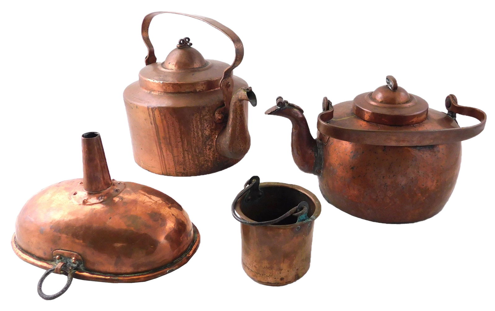 Four pieces of copper including two kettles, both with swing handles and gooseneck spouts, one with (1 of 7)