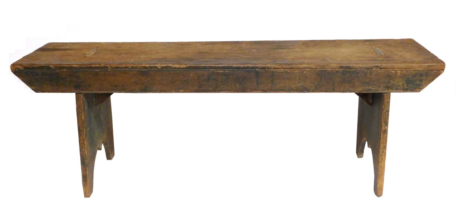 Primitive pine bench, with remnants of dark green paint, legs attached through mortise and tenon (1 of 3)