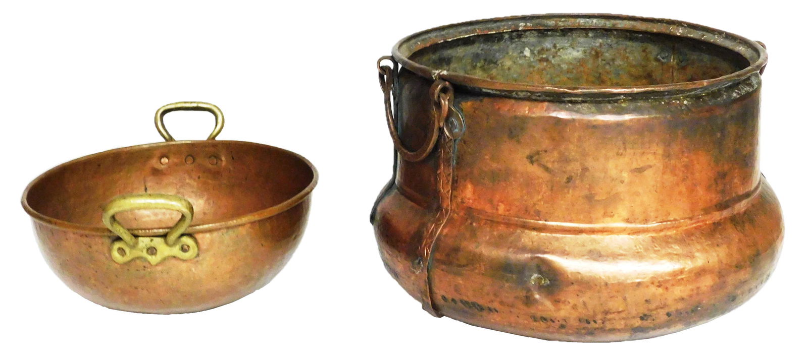 Two copper containers: 19th / 20th C., one hammered copper basin with applied brass handles 16 1/2" (1 of 7)