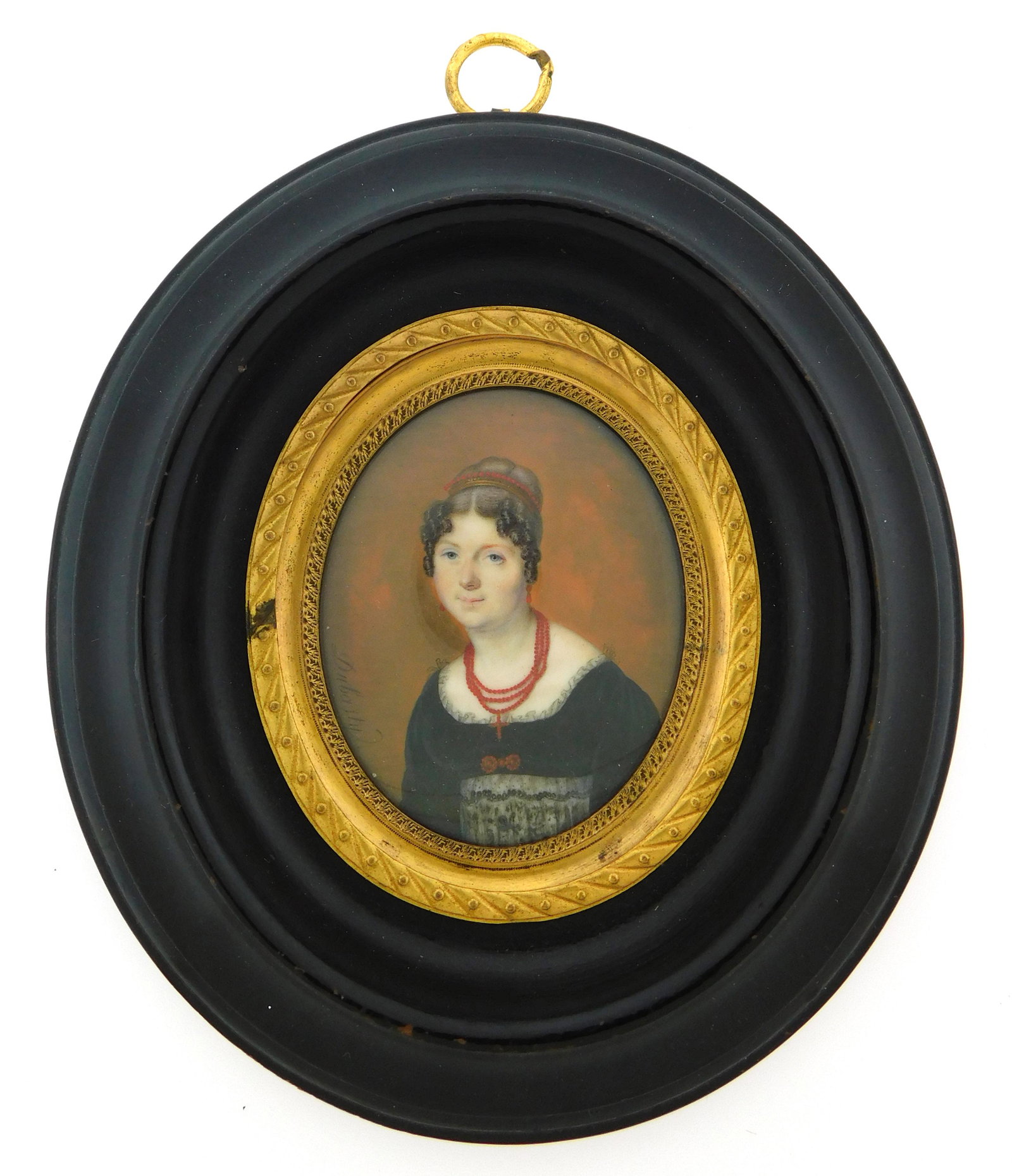 MINIATURE: Portrait of woman in Federal dress, 19th C., watercolor on oval support, signed "Dubasty" (1 of 4)