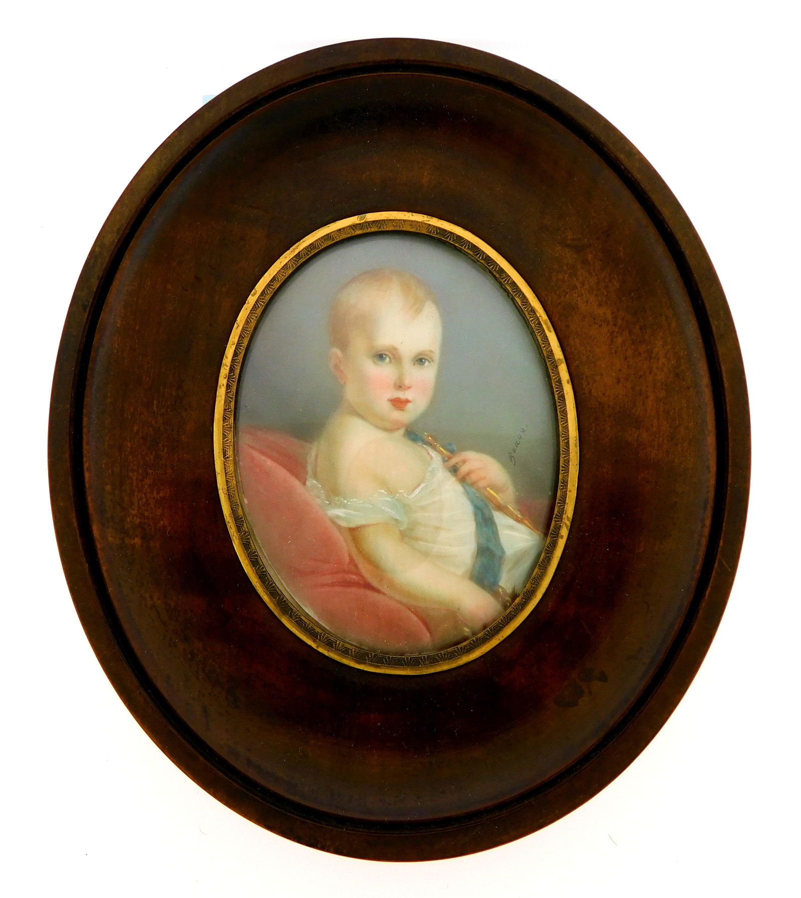 MINIATURE: Portrait of an infant, signed "Beaux", 19th C., watercolor on oval support, semi reclined (1 of 4)