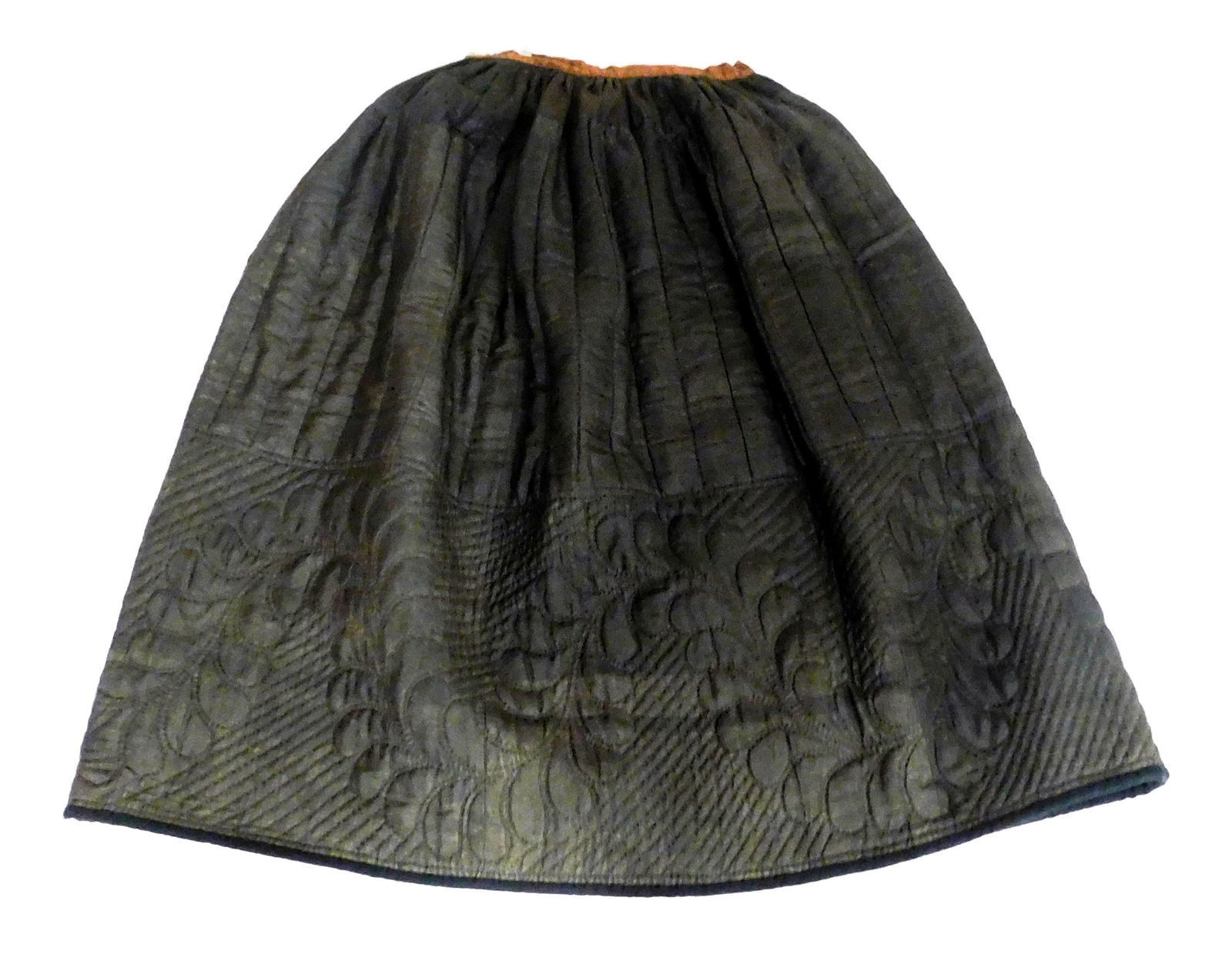 TEXTILE: Quilted petticoat, c. 1840-1860, silk, cotton, wool, woman's quilted petticoat, made of (1 of 4)