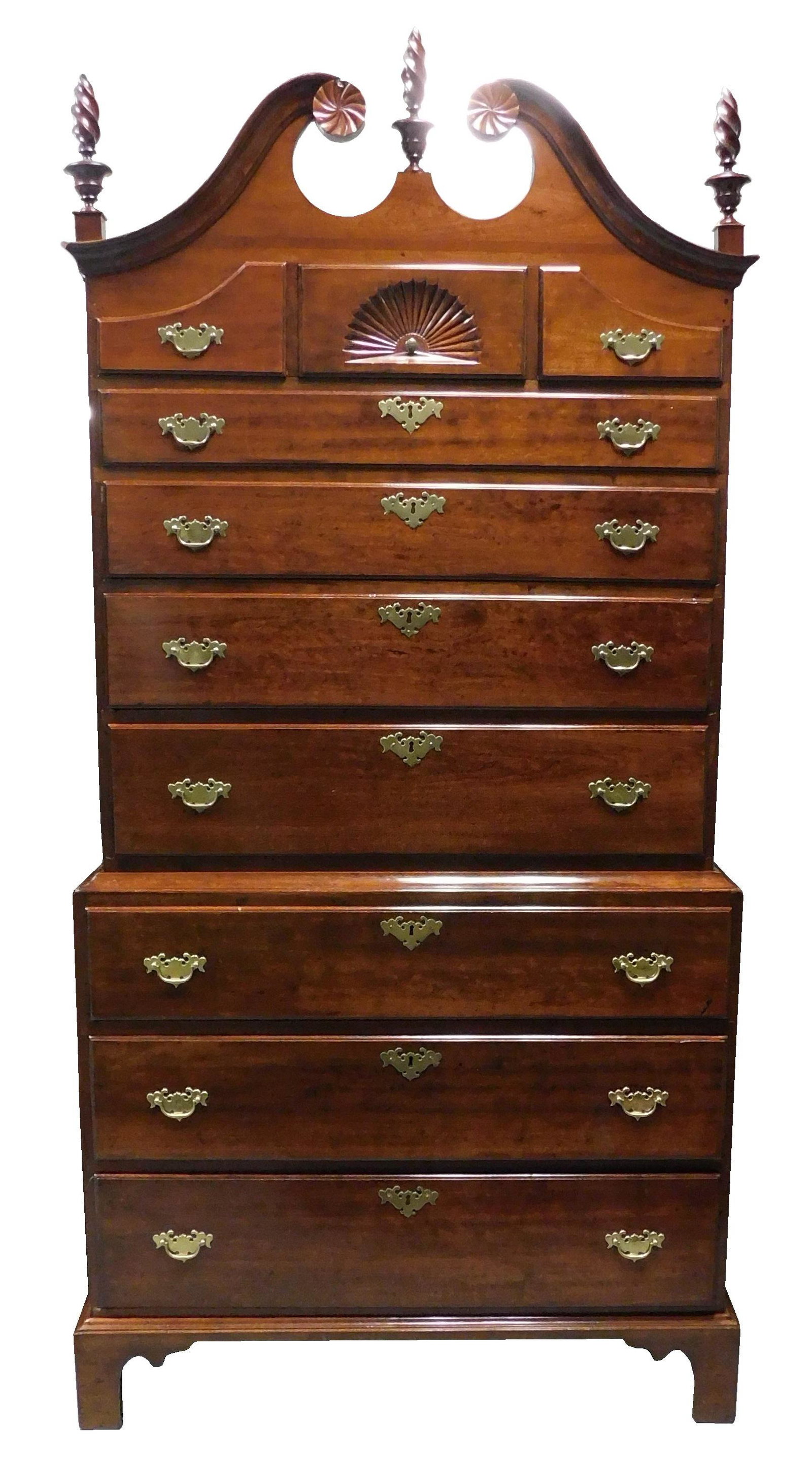 Chest-on-Chest, c. 1780, Connecticut, cherry, with broken arch crest containing carved pinwheels and (1 of 5)