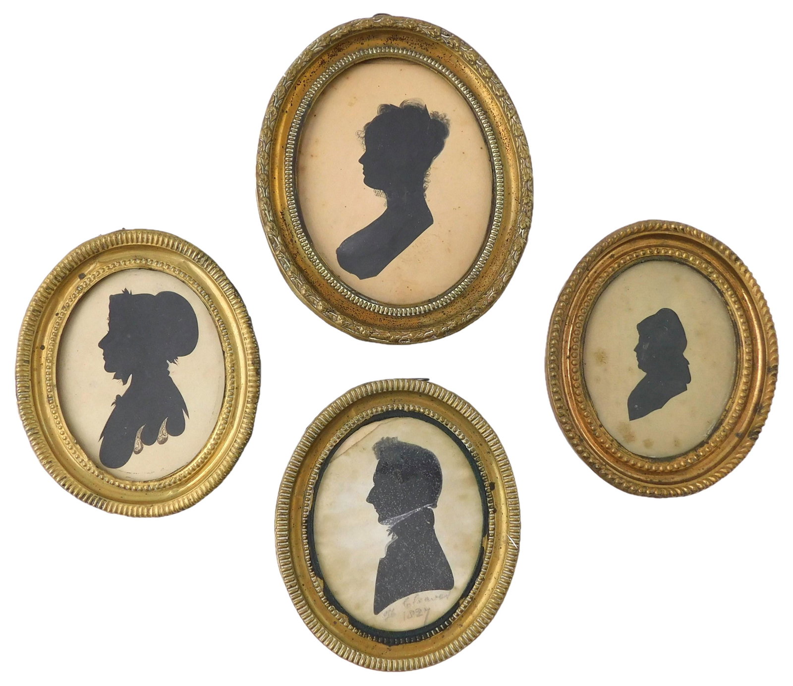 Four early 19th C. silhouettes: three hollow-cut and one drawn: first a hollow cut gentleman in oval: Four early 19th C. silhouettes: three hollow-cut and one drawn: first a hollow cut gentleman in oval brass frame, facing left, pencil inscription "Cleaver 1827", overall 4 ¾" h. x 4" w.; second