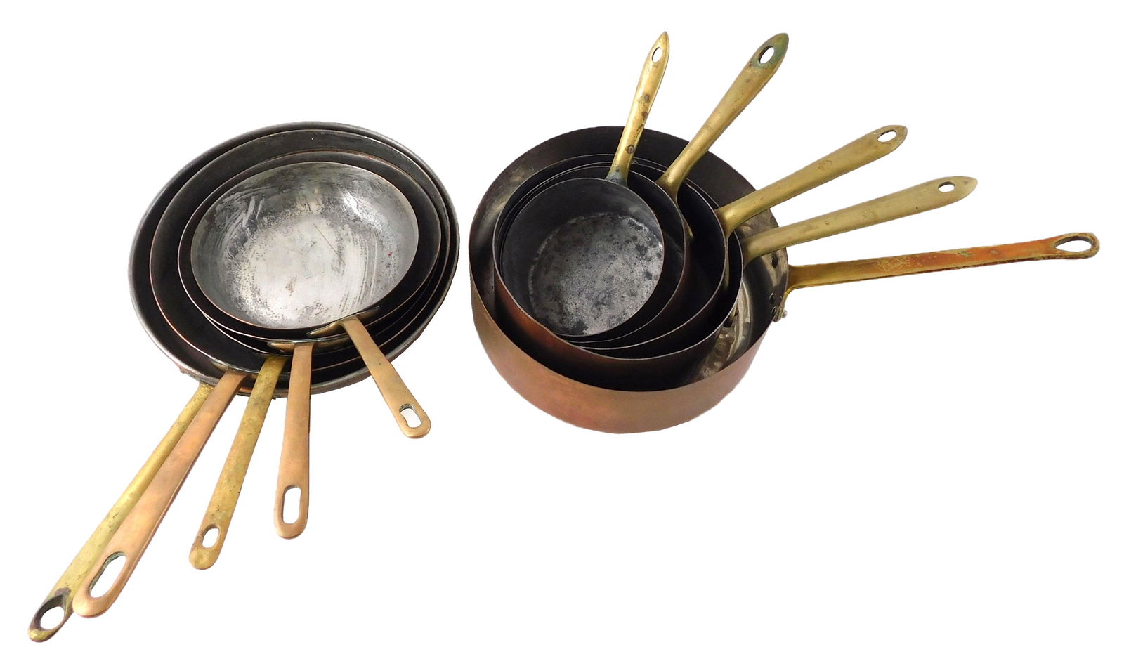 Ten Copper cooking pans with brass handles, five shallow pans graduating sizes 7" to 10 1/2" diam.; (1 of 4)