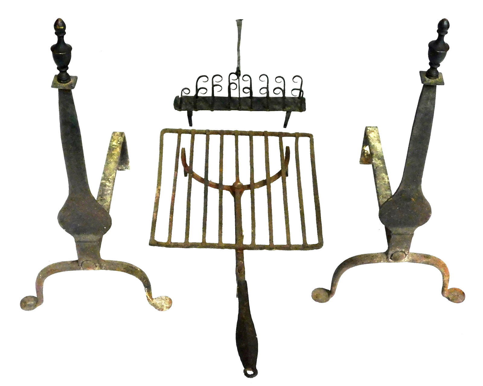 Four pieces of wrought iron hearth accessories: a pair of knife blade andirons, 19th C., 23 1/2" h.;: Four pieces of wrought iron hearth accessories: a pair of knife blade andirons, 19th C., 23 1/2" h.; along with iron revolving trivet, 26" l.; and iron toaster; wear consistent with age and use.