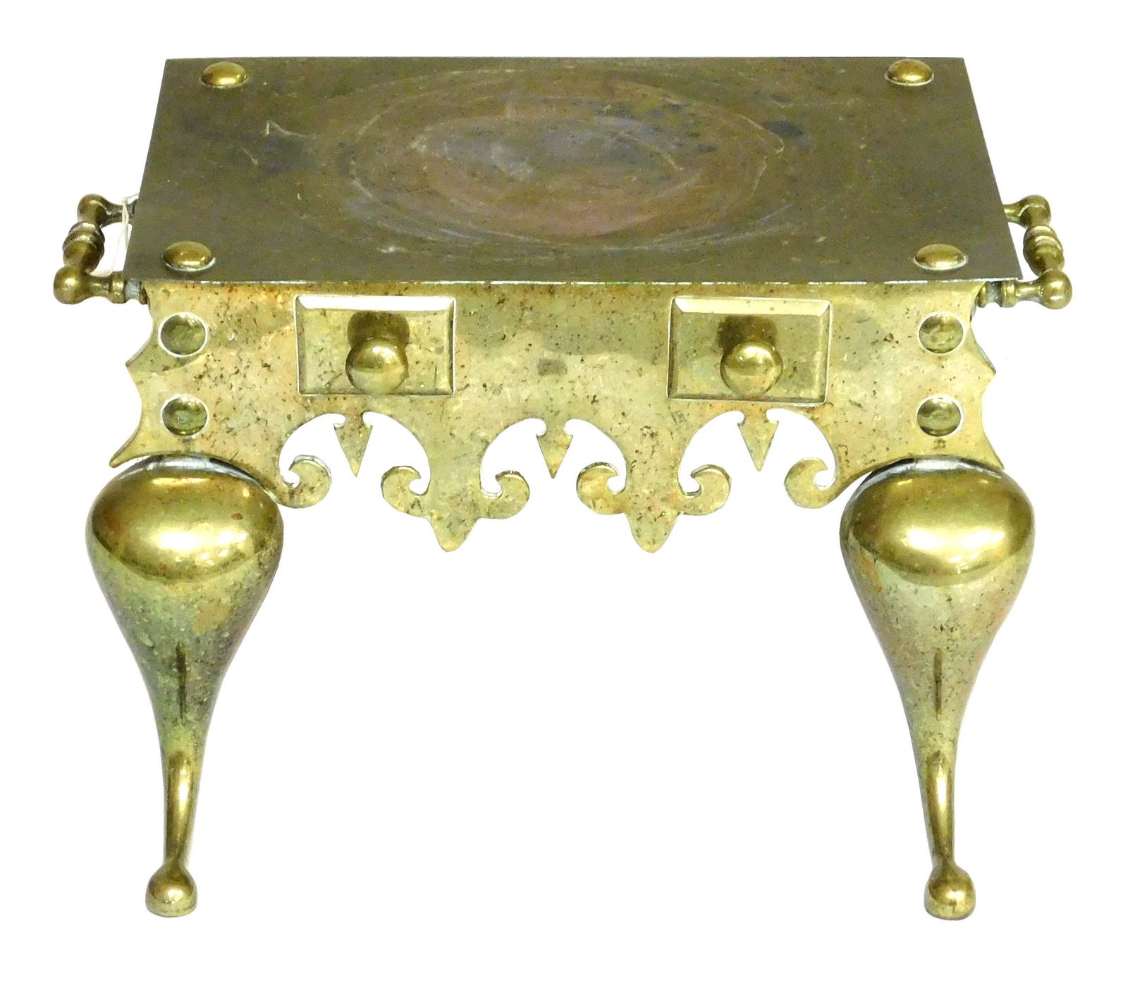 Brass trivet, 18th/19th C., with two knob handles on front and two applied handles at the sides, on (1 of 2)