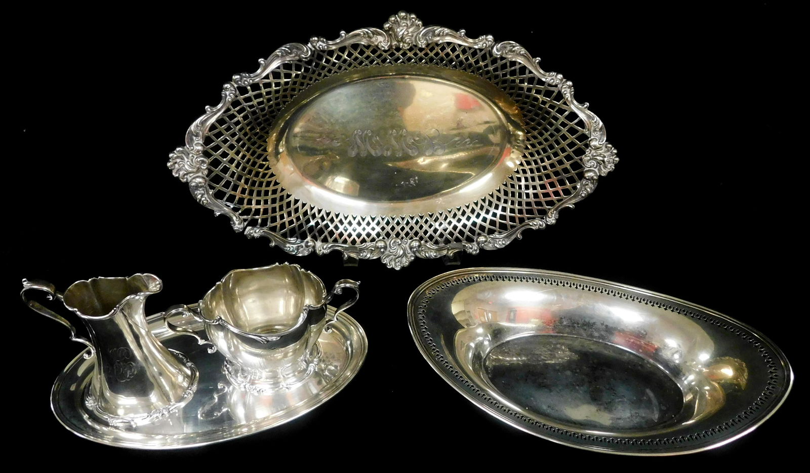 STERLING: Five pieces including Gorham sugar, creamer, and small oval tray; Alvin oval bread dish (1 of 3)