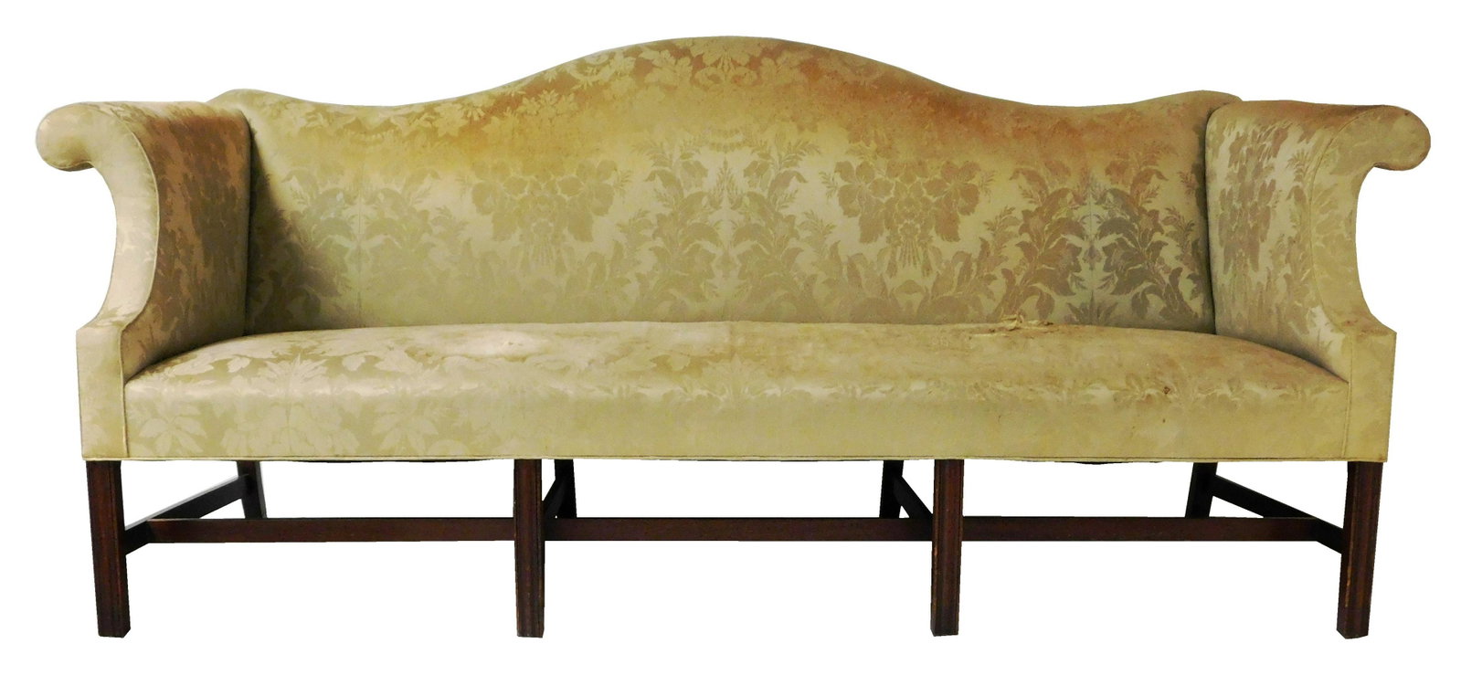 Sofa, American, late 18th C., camelback, upholstered scroll arms, mahogany base with straight molded: Sofa, American, late 18th C., camelback, upholstered scroll arms, mahogany base with straight molded front legs, raked back legs, H-stretcher, wear consistent with age including fabric worn and faded,