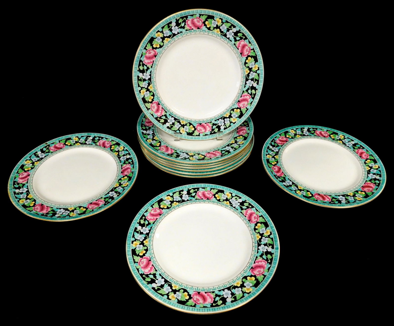 Ten Royal Doulton plates, cream colored center with black ground, polychrome floral pattern and (1 of 3)