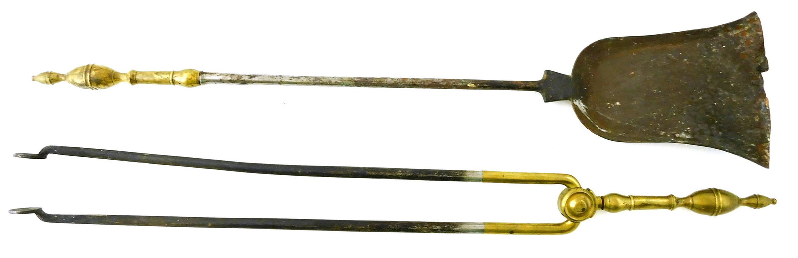 Pair brass handled fire tools, c. 1800, double lemon top design, shovel and tongs, wear consistent (1 of 3)