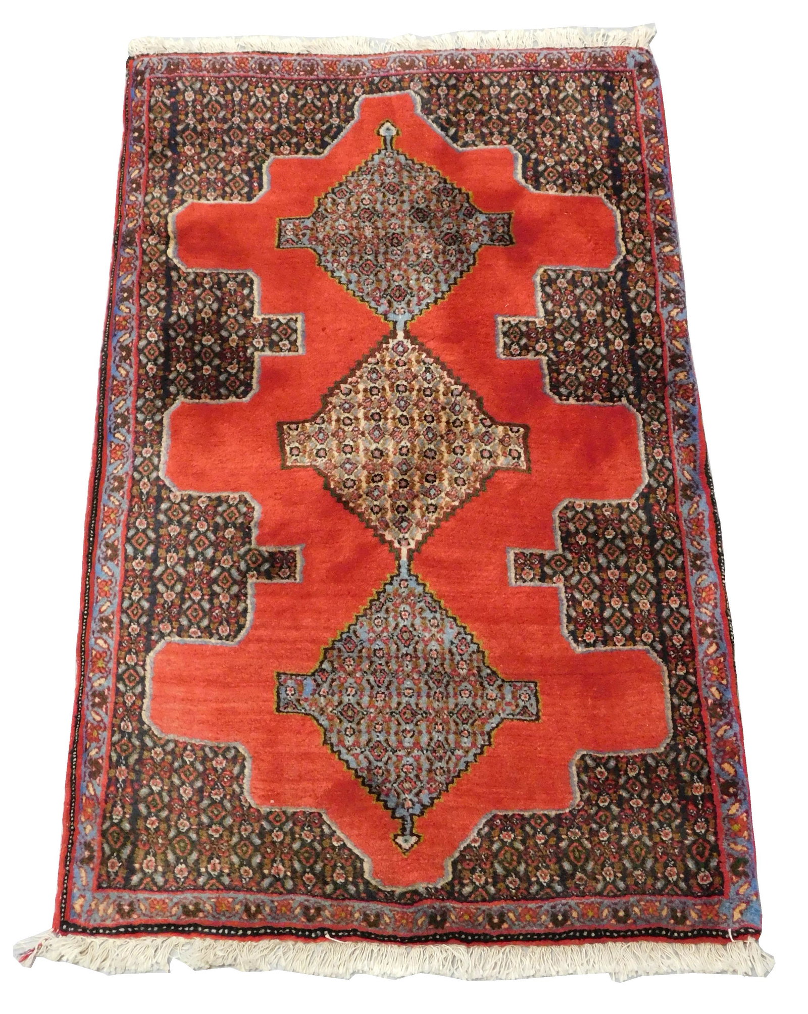 RUG: Northwest Persian, 2' 4" x 3' 9", handmade, wool on cotton, red field with navy border, accents (1 of 4)