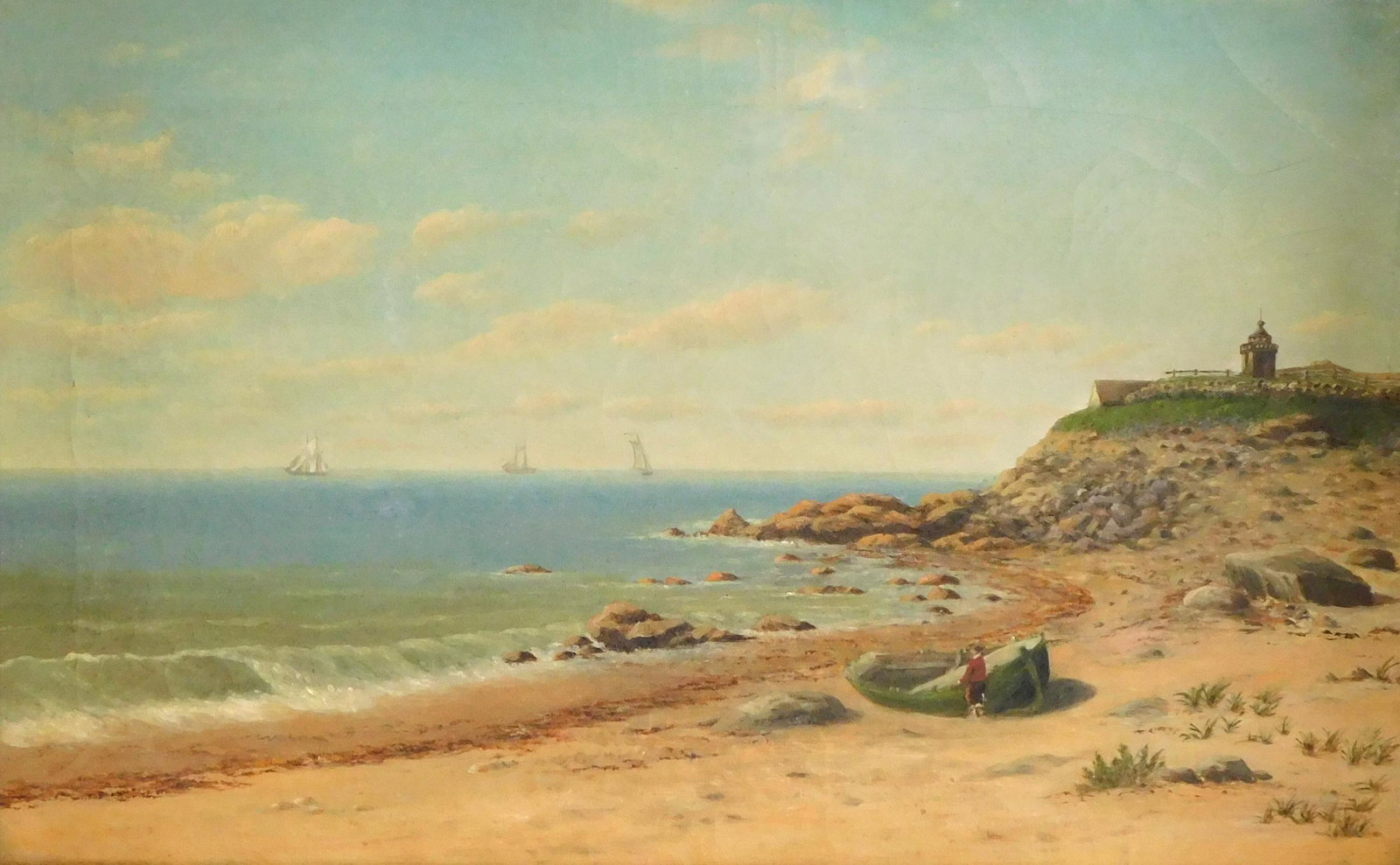 Coastal scene, American school, late 19th C., unsigned, oil on canvas, small lighthouse on hillside: Coastal scene, American school, late 19th C., unsigned, oil on canvas, small lighthouse on hillside in right middle ground, child next to beached dory on sandy shore, boats in distance, in walnut fram