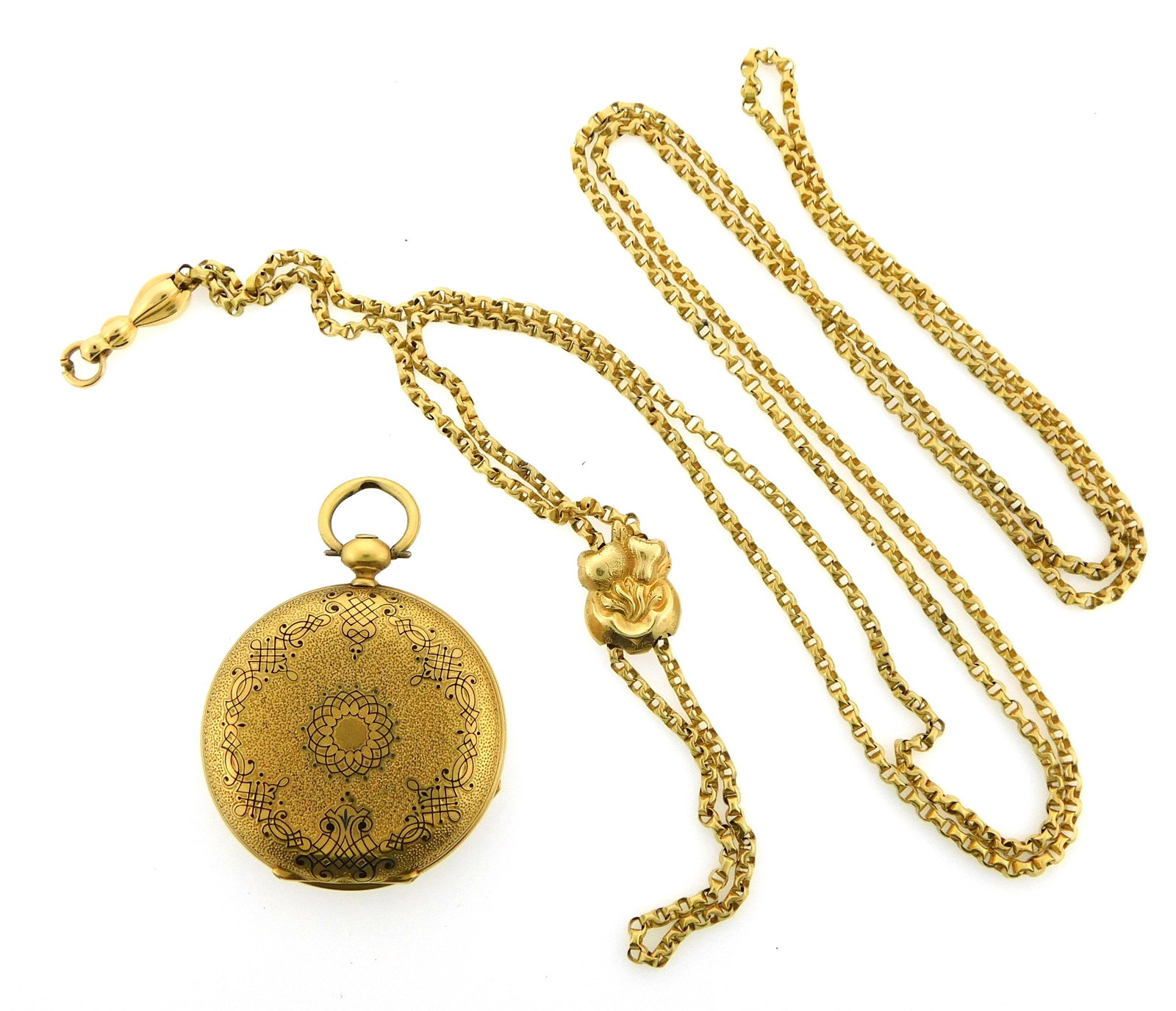 JEWELRY: 18K Yellow gold Breitling Laederich pocket watch, early 20th C., enameled decoration to: JEWELRY: 18K Yellow gold Breitling Laederich pocket watch, early 20th C., enameled decoration to exterior, white face with black Roman numerals and sub-second dial, inside cover stamped "Breitling Lae
