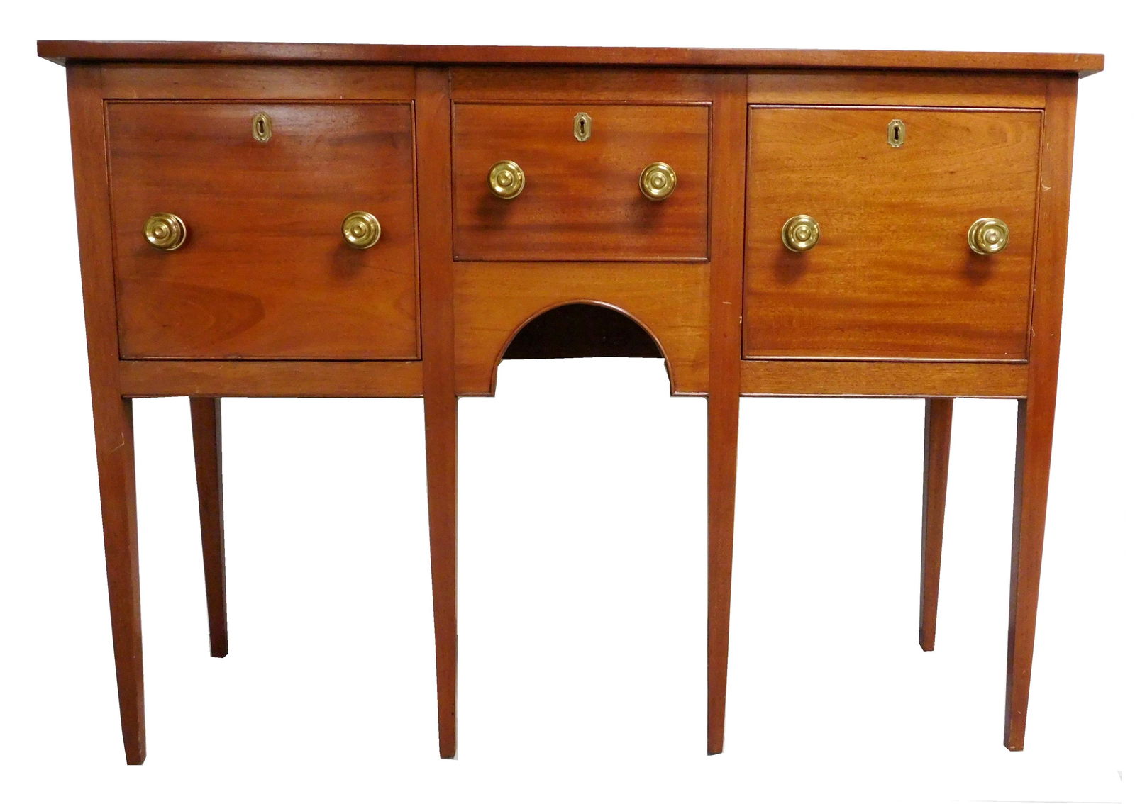 Sideboard / huntboard, Hepplewhite style, mahogany, three drawers with brass pulls and faux key (1 of 2)