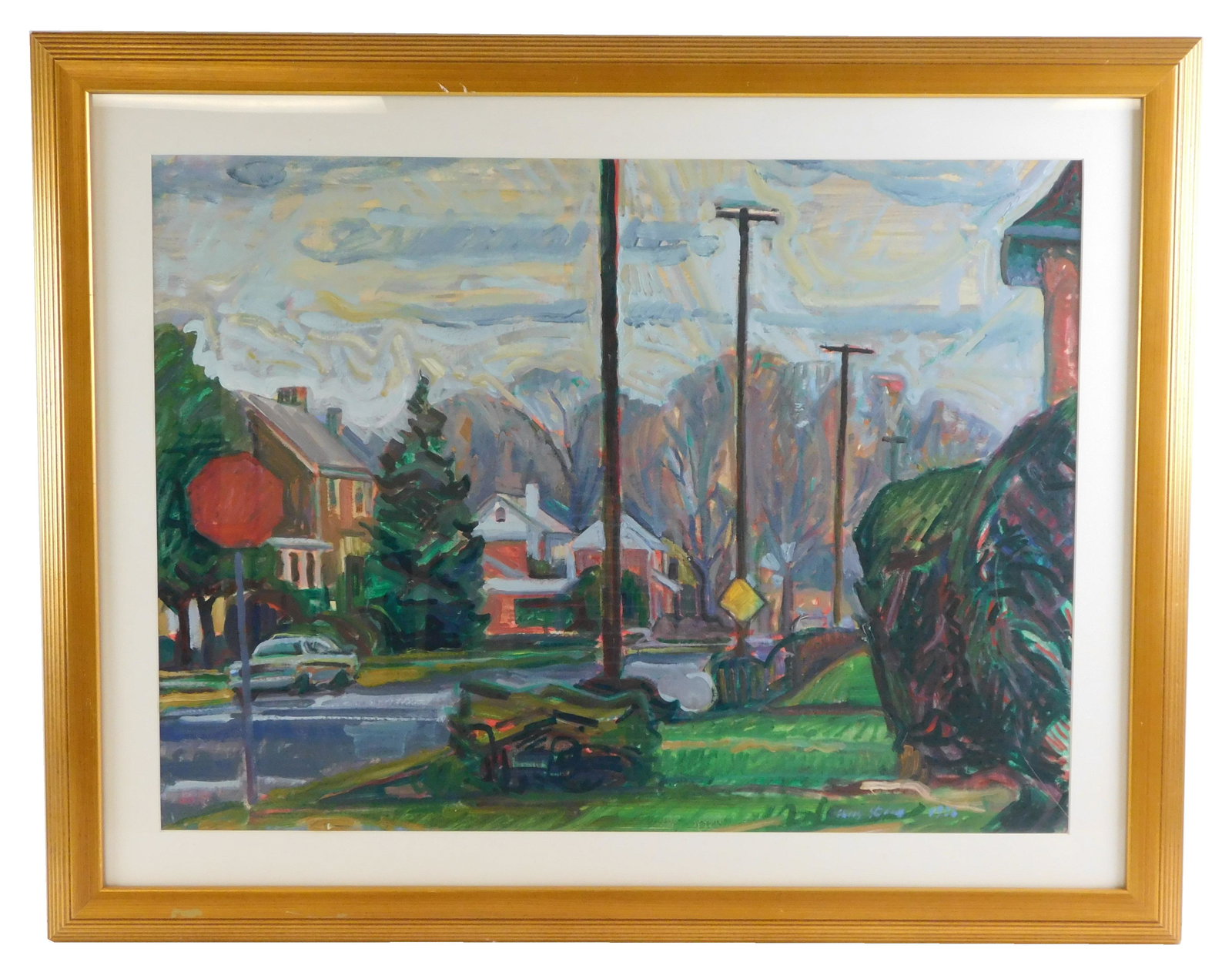 Christopher Stephens, (20th C.) "Winter Landscape", 1986, oil on paper, a house lined street with (1 of 4)