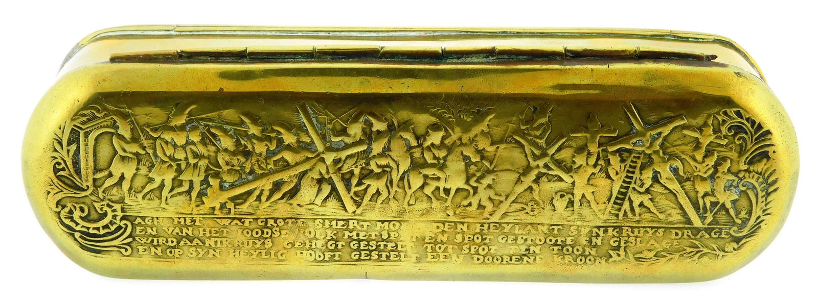 18th C. Dutch brass tobacco box, hinged lid, with engraving on top and bottom of scenese from (1 of 3)