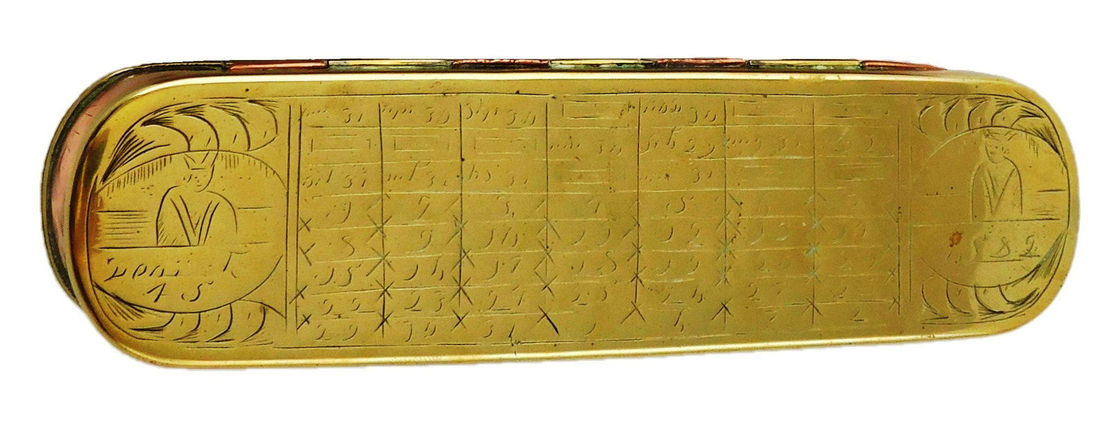 18th C. Dutch brass and copper tobacco box, hinged lid, engraved with seaman's perpetual calendars, (1 of 1)