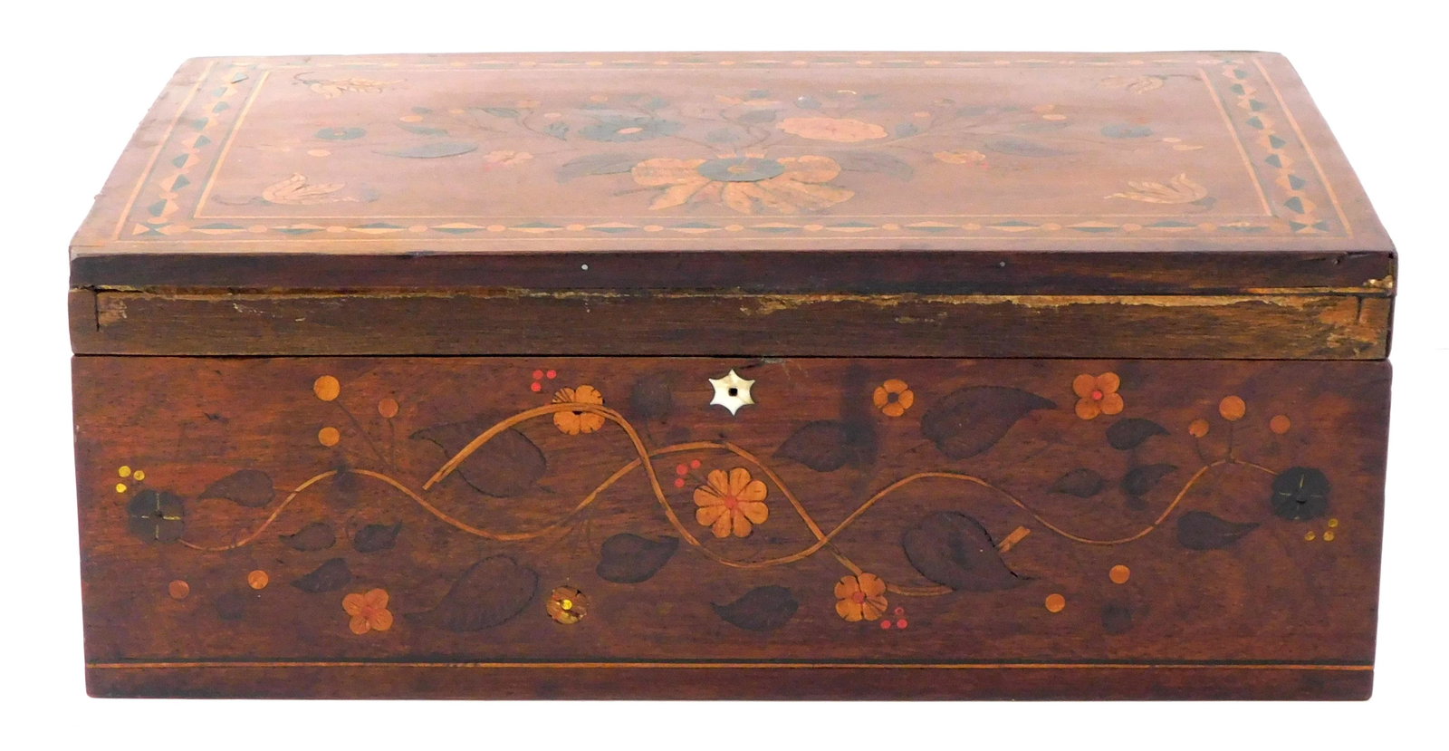 Wooden box/ lap desk, American late 19th C., walnut with2 floral and vine and geometric inlay, (1 of 3)