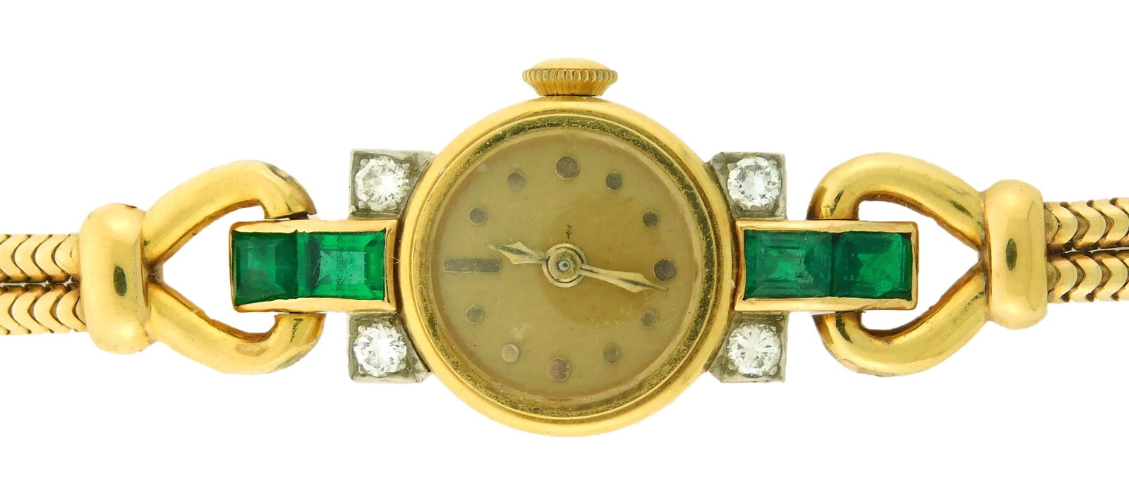 JEWELRY: Woman's 18K Mido diamond & emerald wristwatch: manual wind movement, stamped: "Mido (1 of 4)