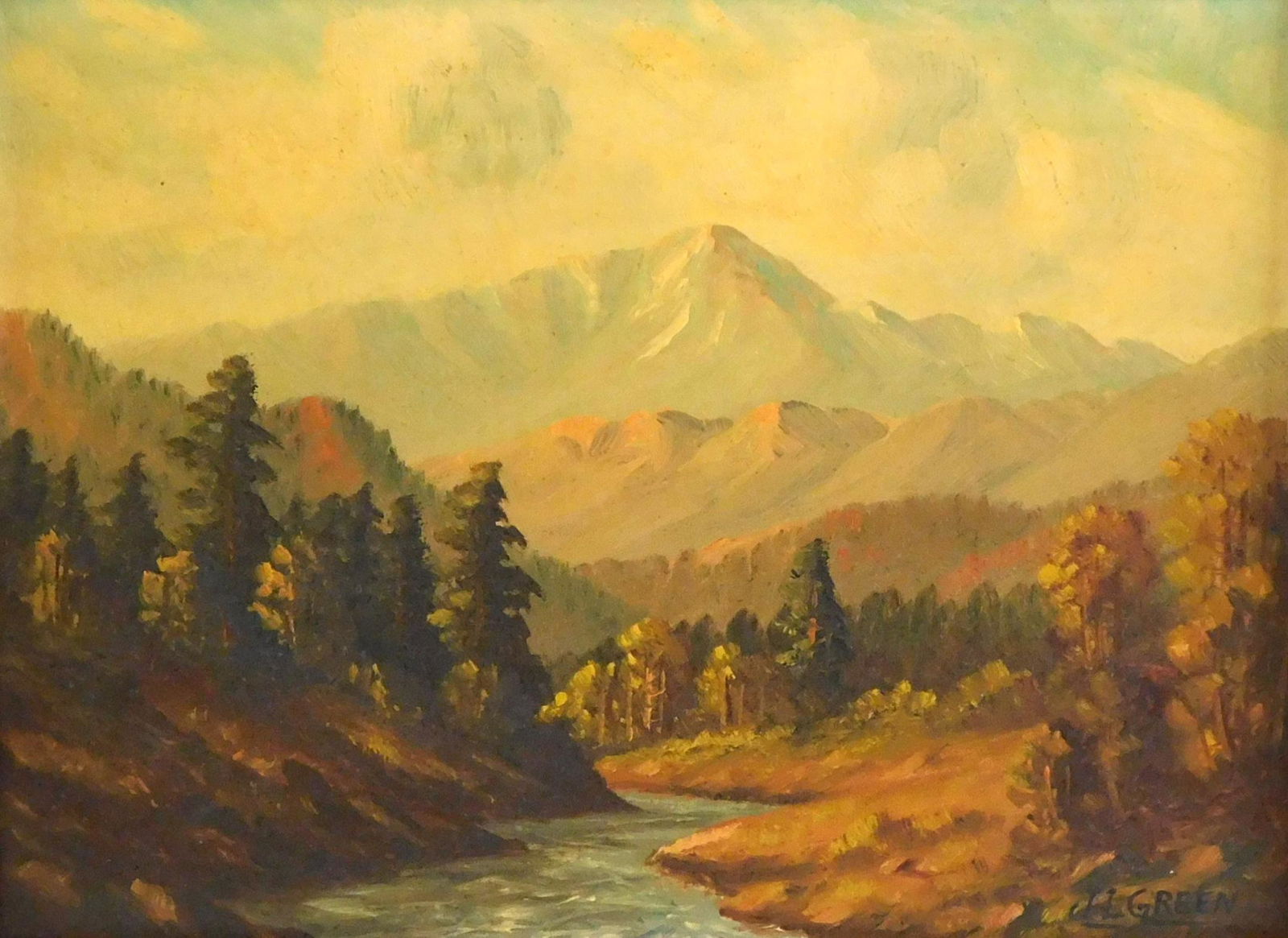J. L. Green (early 20th C.), "Pike's Peak", oil on artist board, mountain landscape, signed LR, (1 of 4)