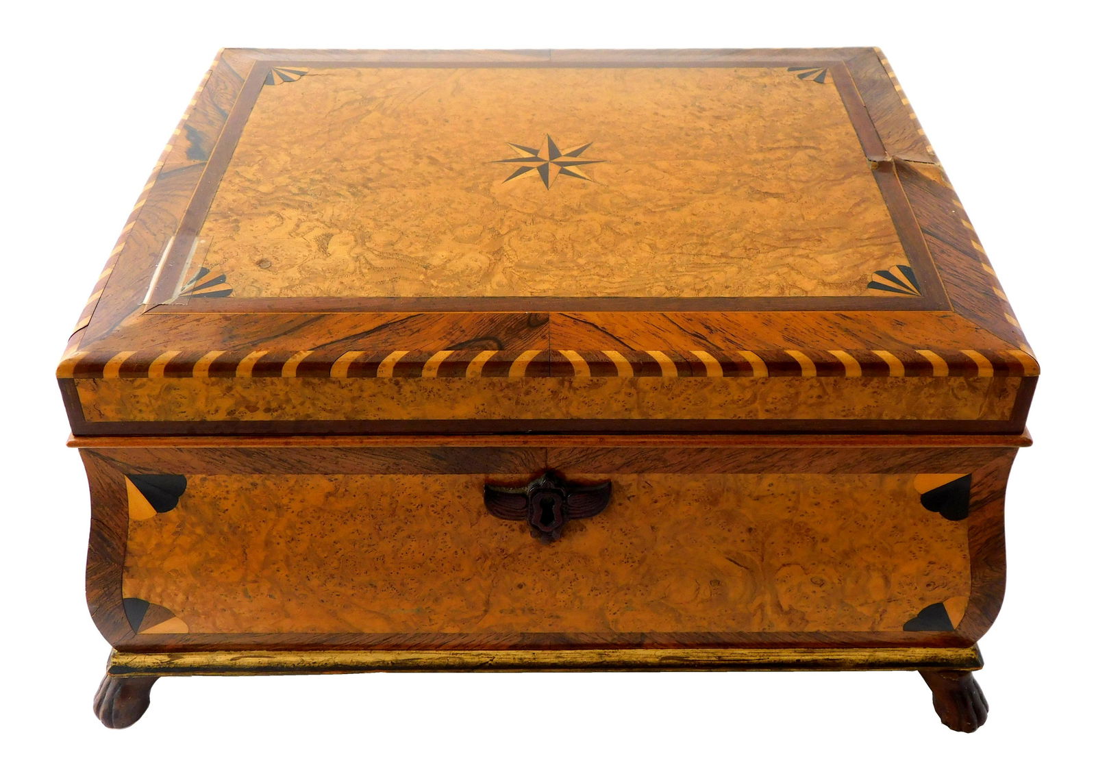 Parquetry box, mid-19th C., sewing box with veneered exterior, bombe form, hinged lid, raised on paw (1 of 7)