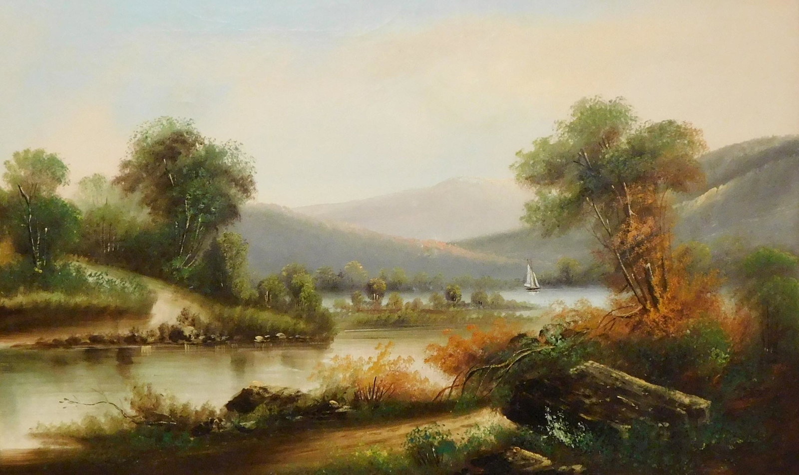 American school, oil on canvas, late 19th / early 20th C., landscape with small sailboat on river, (1 of 3)