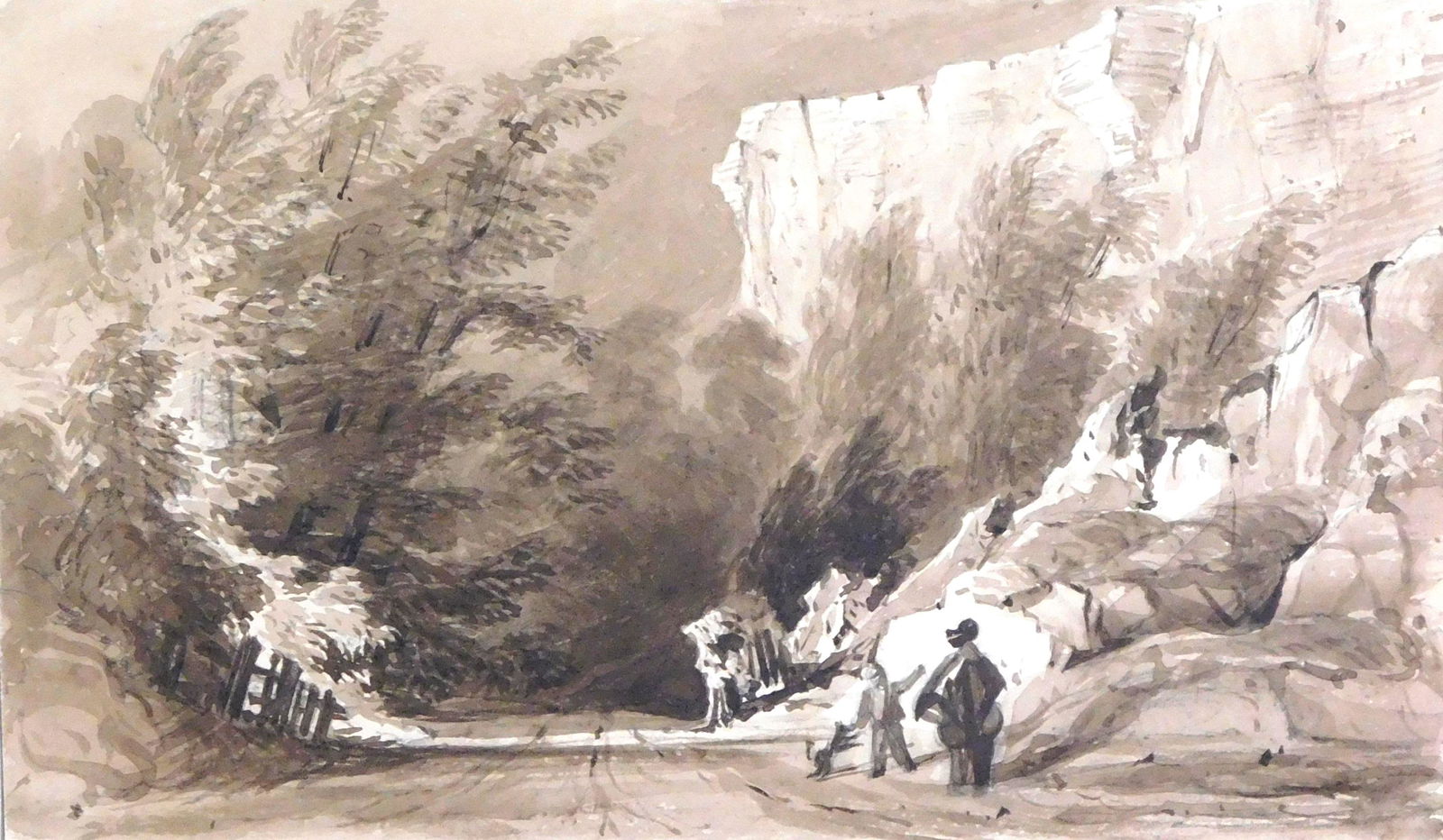 Grisaille landscape, English, early 19th C., unsigned, mixed media, adult, child and dog on path (1 of 2)