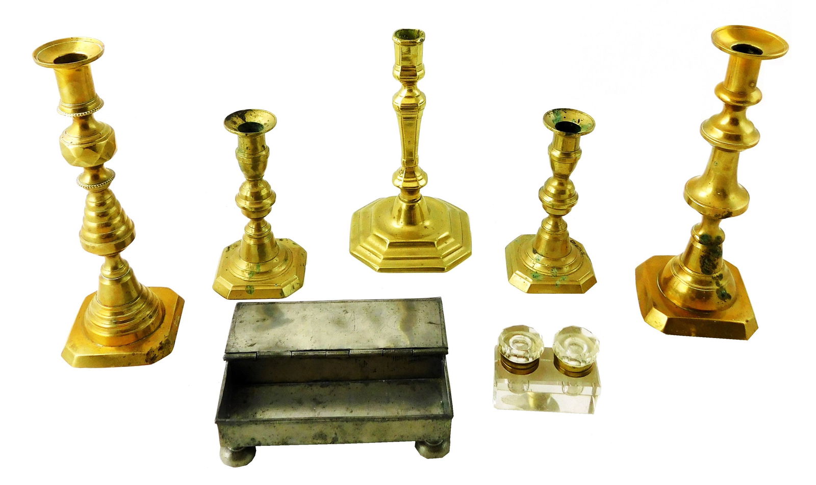 Seven metal table top items: including five brass candle sticks, one pair 6 1/4" high with cut (1 of 4)