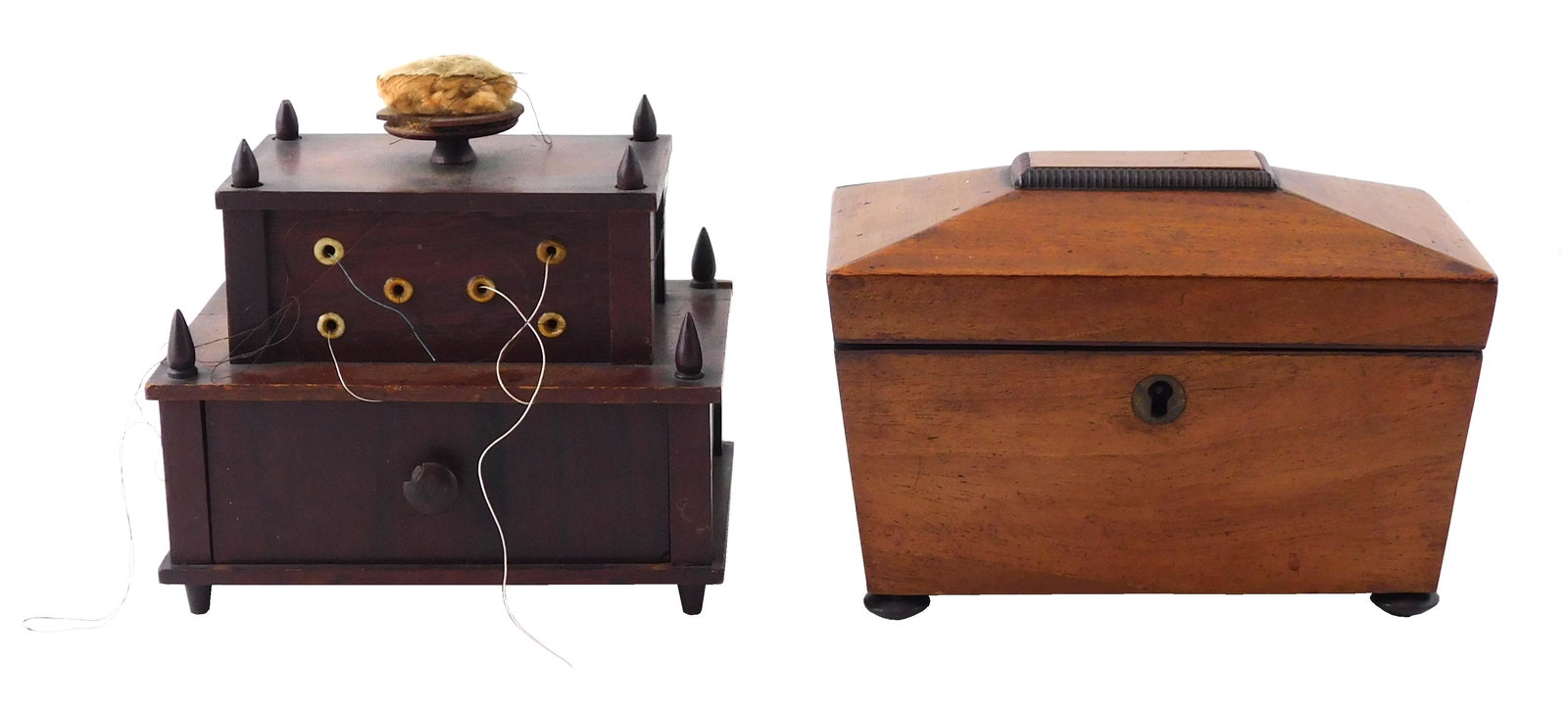 Two small wooden boxes, a mahogany tea caddy, canted lid and sides, over four turned feet, hinged (1 of 4)