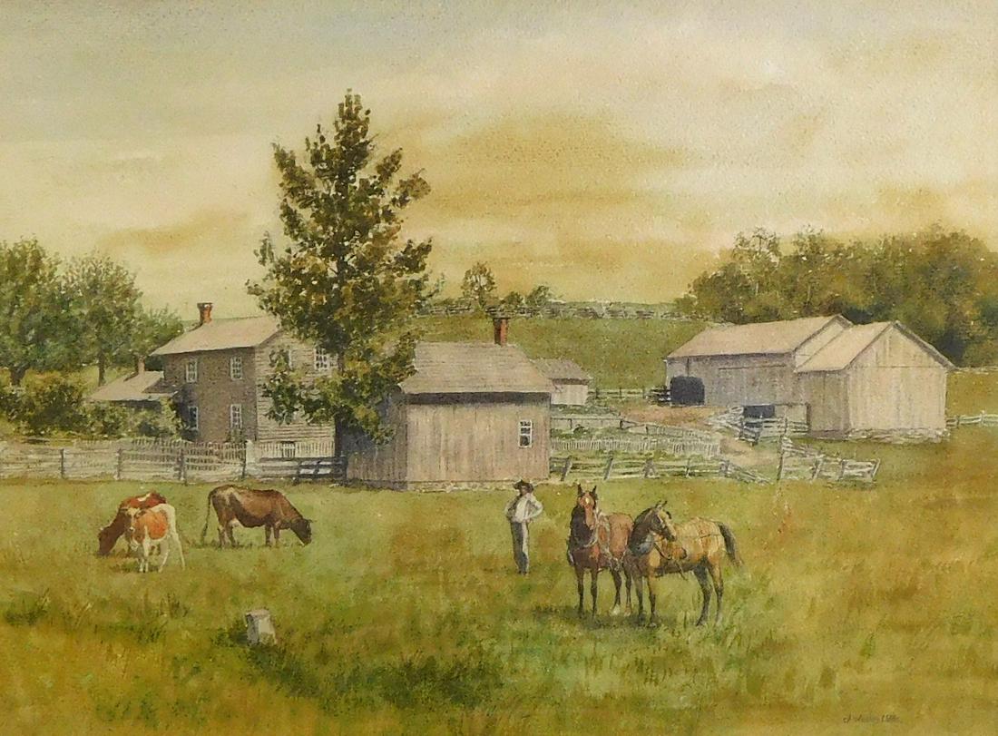 John Wesley Little (American, 1867 - 1923) untitled, watercolor on paper, pastoral scene with cows: John Wesley Little (American, 1867 - 1923) untitled, watercolor on paper, pastoral scene with cows and horses in a field, farm buildings beyond, signed lower right corner, framed and matted behind gla