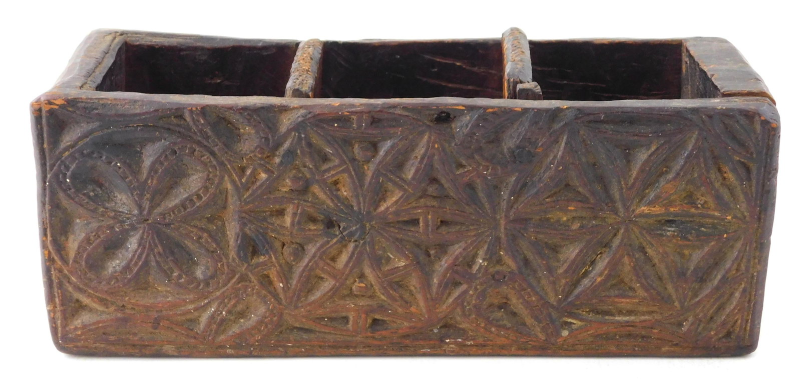 Box base, American, 19th C., bas relief carved (possibly Frisian work of the Pennsylvania Germans) (1 of 4)