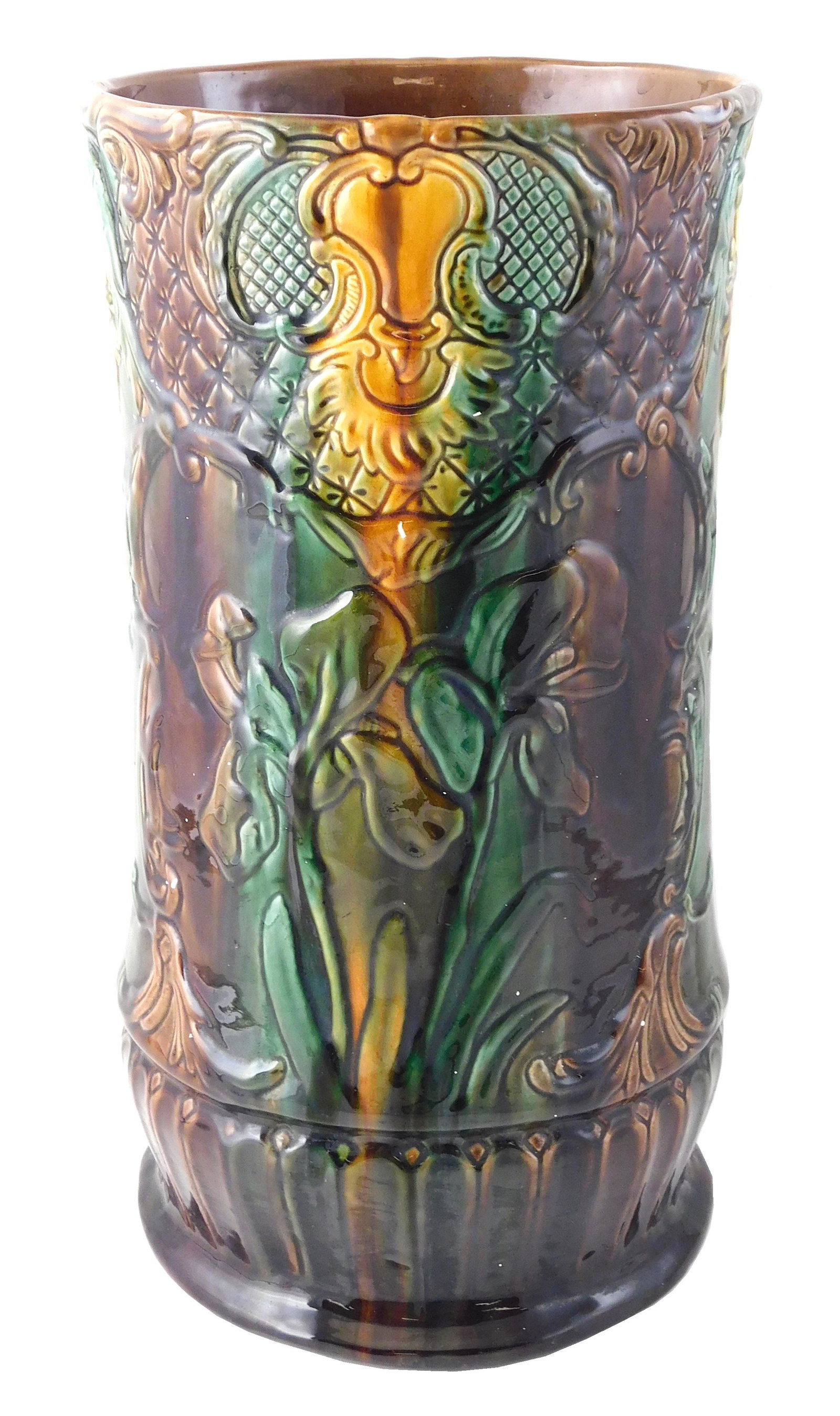 Art pottery umbrella stand, early 20th C., mottled brown, green and gold glaze over iris relief, (1 of 3)