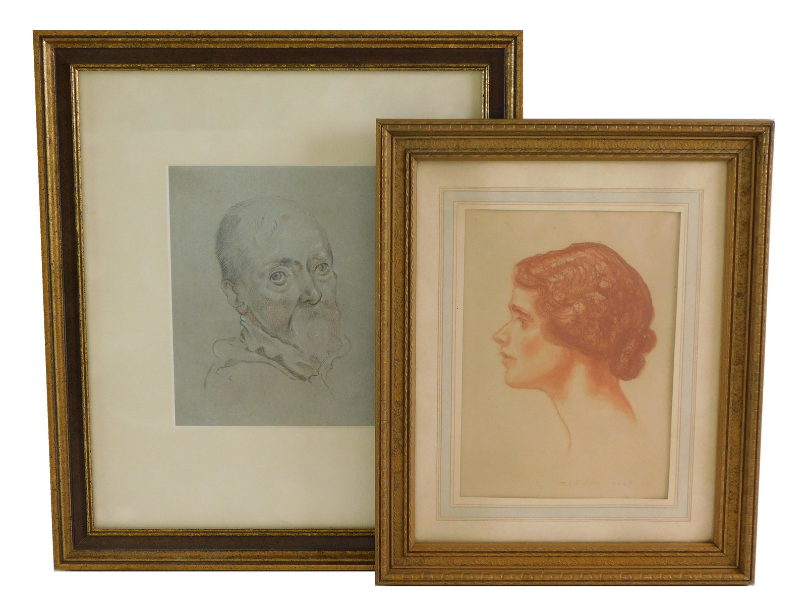 Two framed portrait drawings: Profile portrait of woman, early 20th C., burnt sienna crayon on (1 of 3)