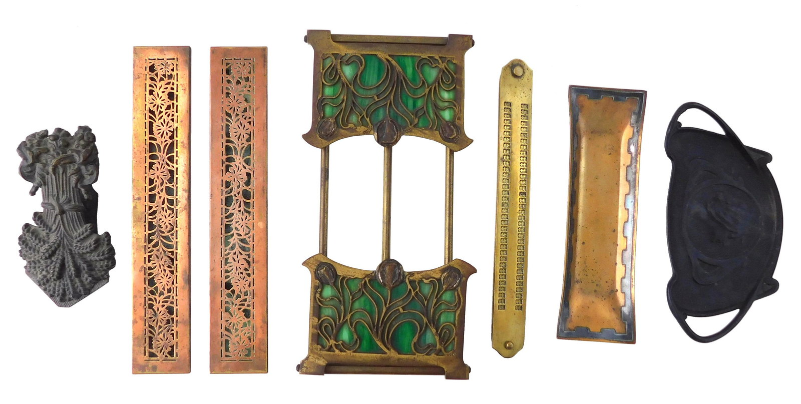 Desk accessories, seven pieces, early to mid 20th C., all cast metal including brass, iron and (1 of 4)