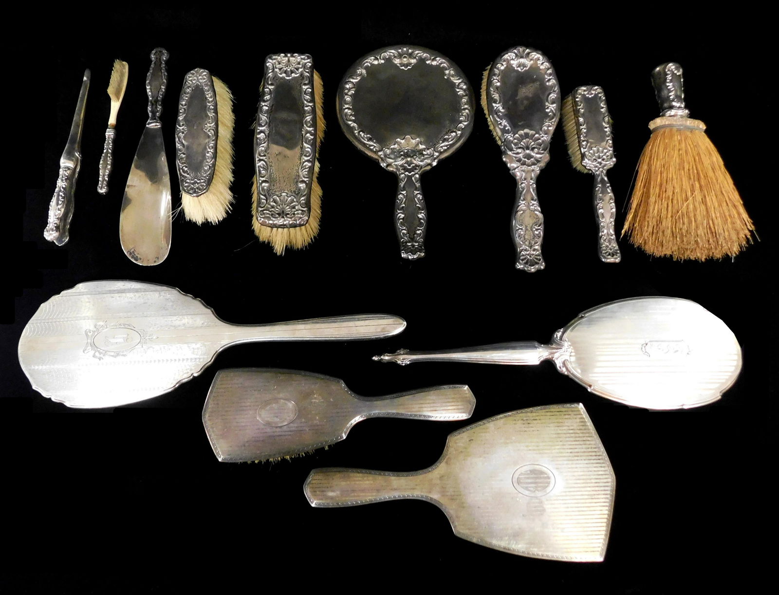 STERLING: Thirteen sterling vanity pieces, nine pieces with same pattern, Whiting Mfg. Co, including (1 of 2)