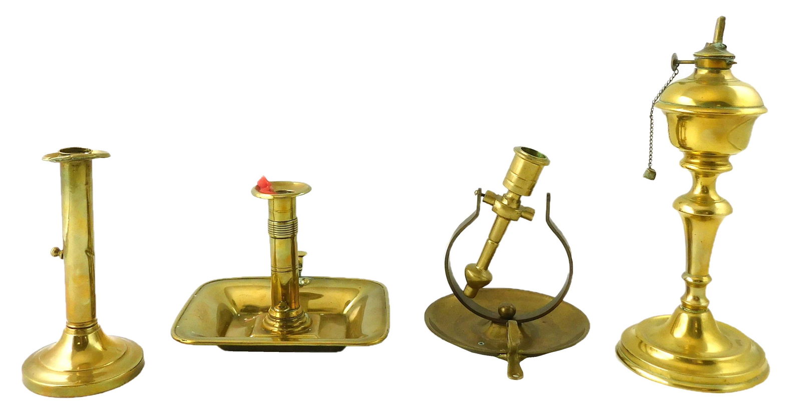 Four antique brass lighting objects, including a fluid lamp, gimbal candle holder, square tray (1 of 5)