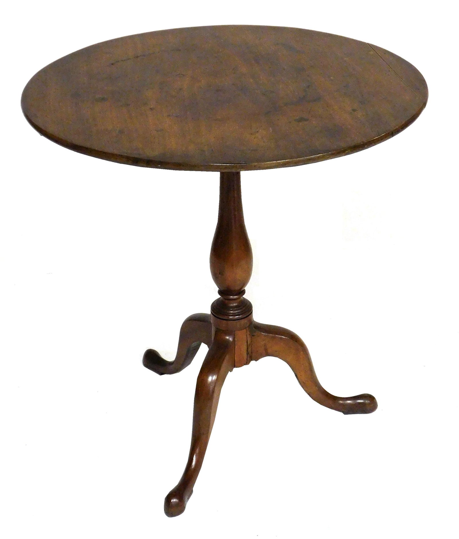 Tilt top tea table, round top, turned standard over tripod base, chip carving at feet, wear: Tilt top tea table, round top, turned standard over tripod base, chip carving at feet, wear consistent with age and use incliding cracked and repaired top, past repairs to base, heavy surface wear to 