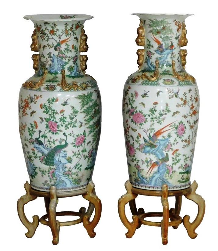 ASIAN: Pair of monumental Chinese Export style famille rose porcelain "palace" vases, 20th C./ (1 of 5)
