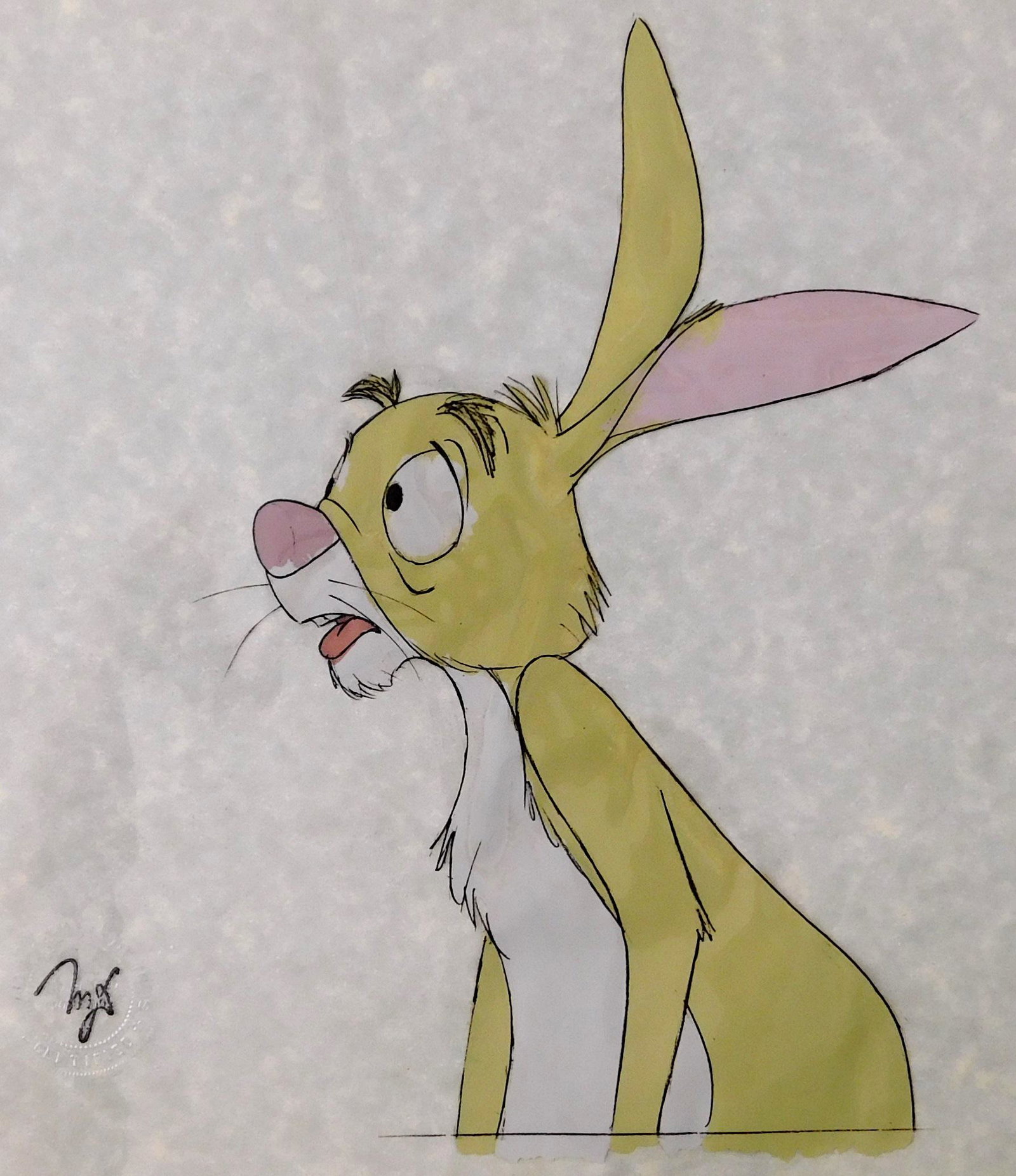 Walt Disney movie cell from "Winnie the Pooh and Tigger Too" featuring the character Rabbit,: Walt Disney movie cell from "Winnie the Pooh and Tigger Too" featuring the character Rabbit, numbered 113 and stamped with a Walt Disney Certified seal, in green protective sleeve, wear consistent wit