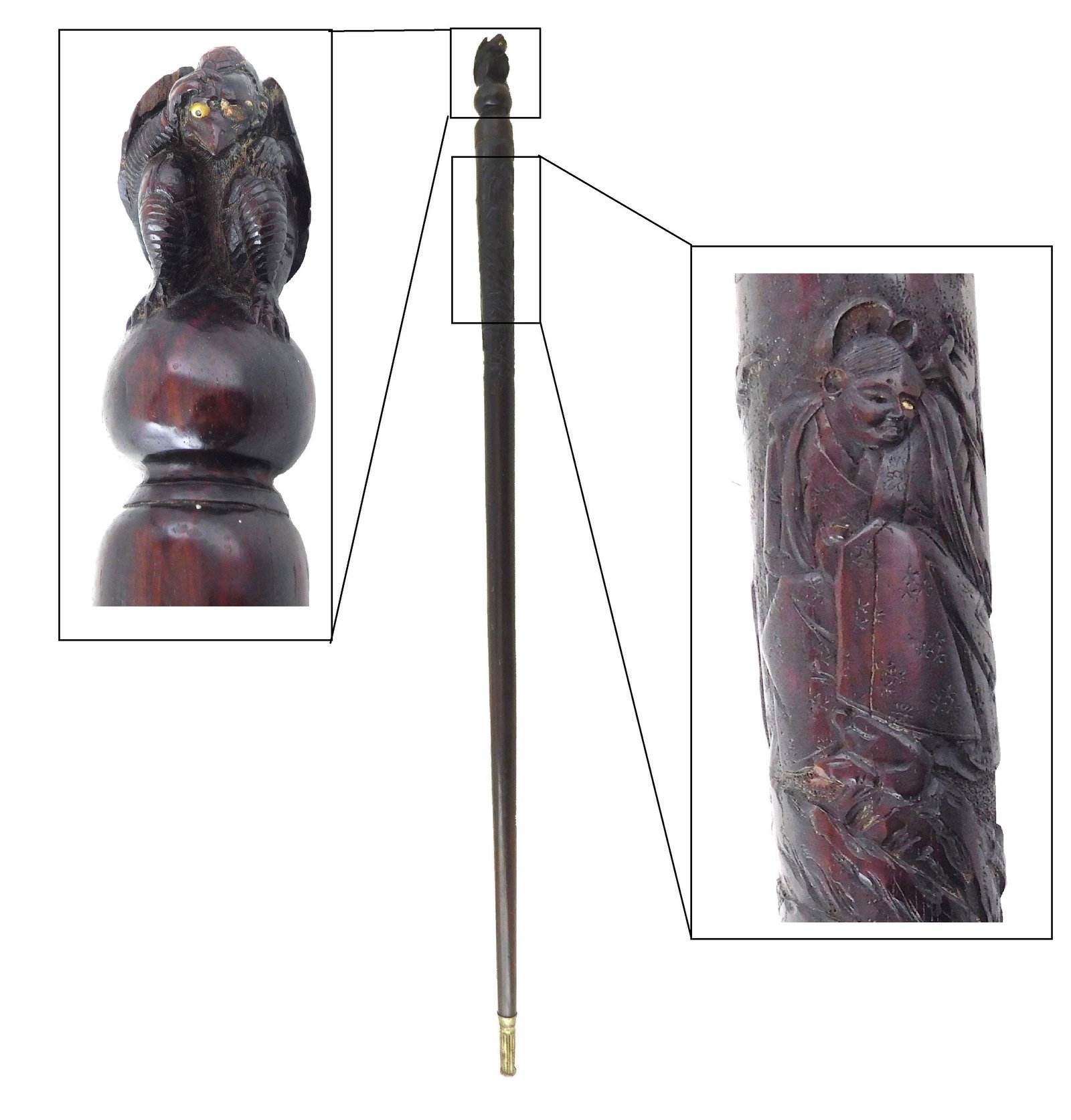 Walking stick, early 20th C., carved bird/ eagle finial grip with applied eyes, one damaged, over (1 of 5)