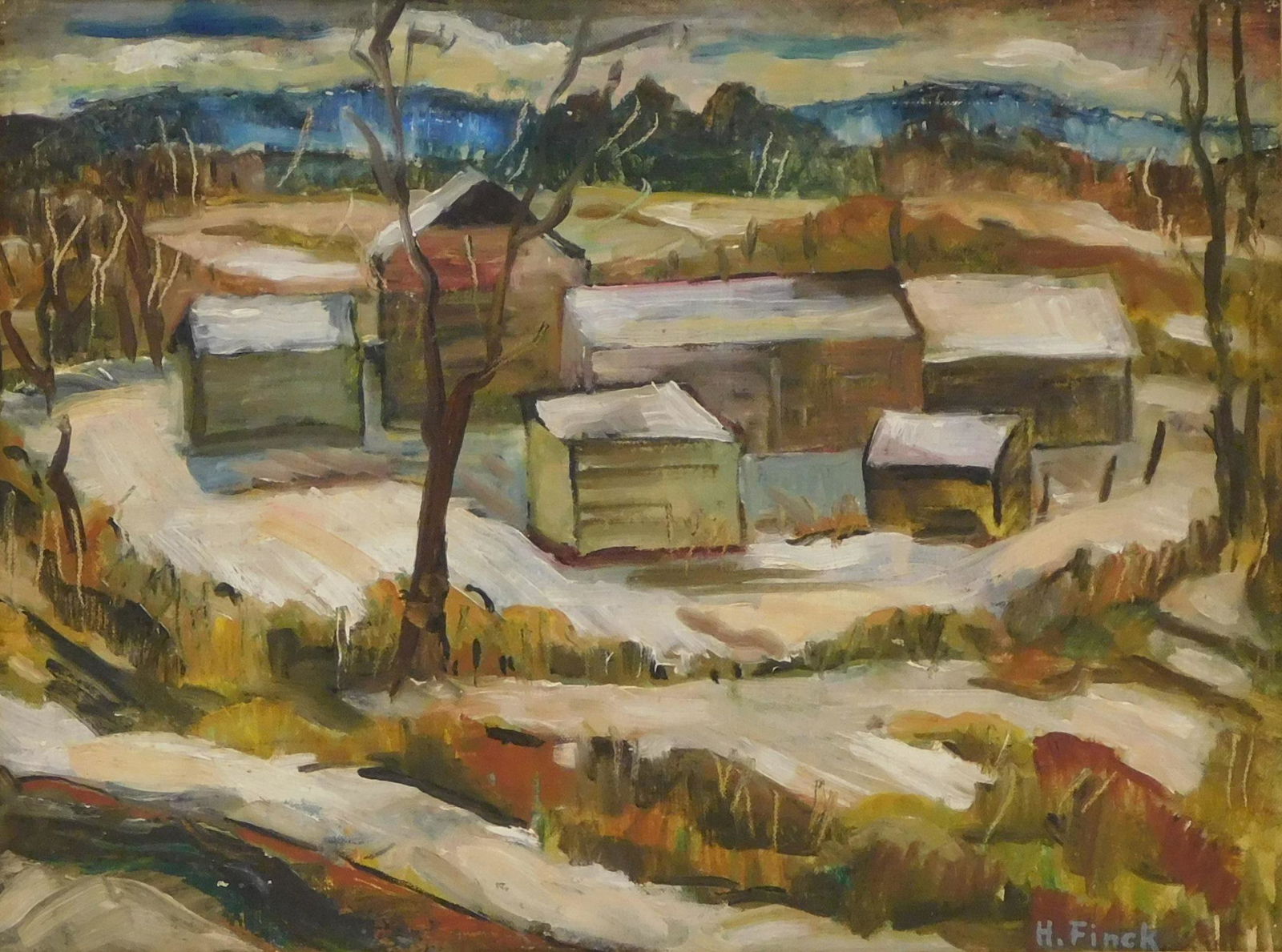 Hazel Finck (American, 1894 - 1977) "Snowy Barns", 1940, oil on board, depicts a group of barns and: Hazel Finck (American, 1894 - 1977) "Snowy Barns", 1940, oil on board, depicts a group of barns and buildings with snow cover, bare trees and empty fields surround, signed lower right corner, framed,