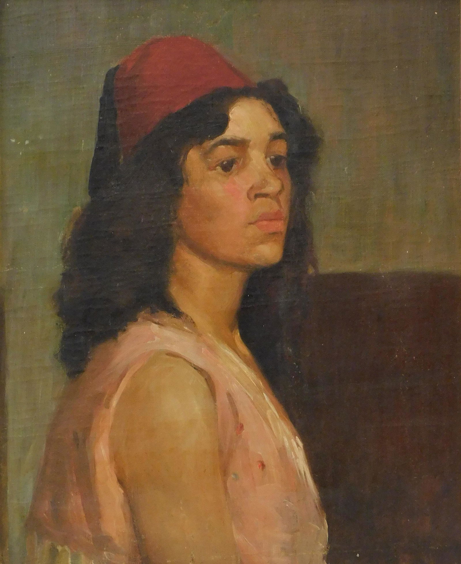 Late 19th/ early 20th C. oil on canvas, portrait of a young woman, dark eyes and hair, pink blouse, (1 of 3)