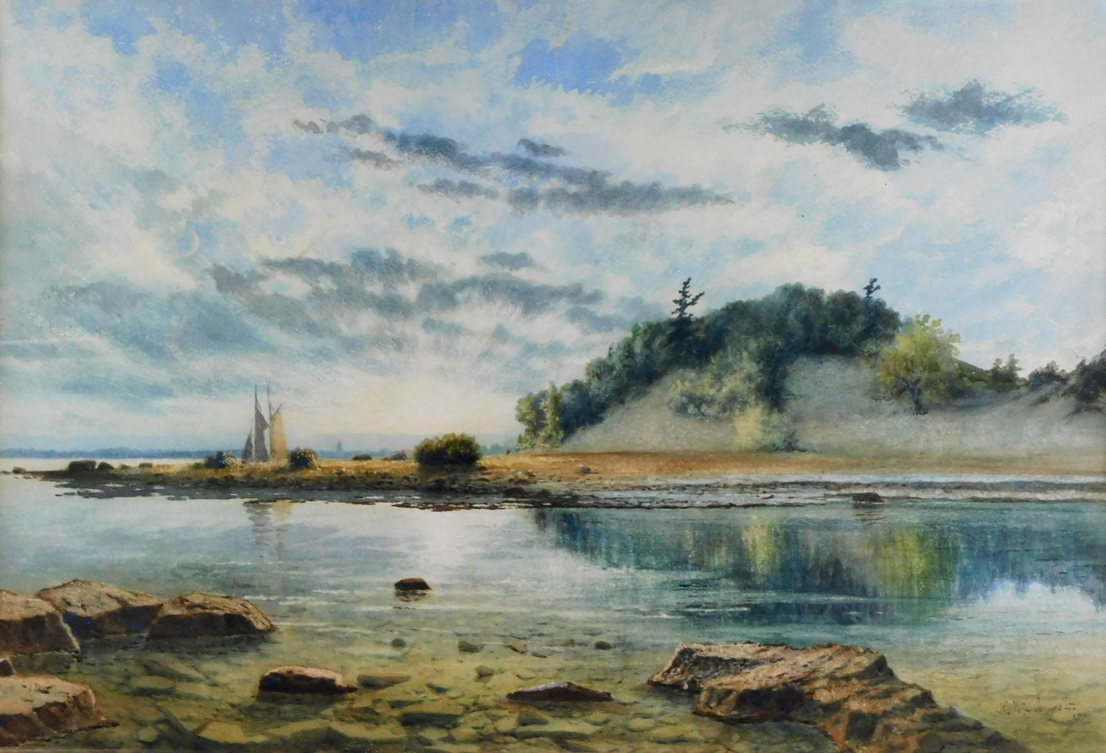 Amos W. Sangster (American, 1833 - 1904), watercolor on paper, seashore at low tide, ship sails: Amos W. Sangster (American, 1833 - 1904), watercolor on paper, seashore at low tide, ship sails visible near horizon line, blue sky with clouds, signed lower right and dated 1882 lower right, framed a