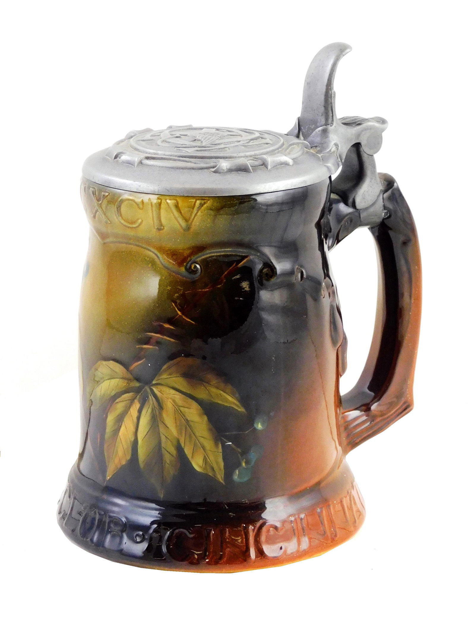 Rookwood Pottery stein, dated 1895, body style 783, pewter lid, with berry and leaf motif, made for (1 of 4)