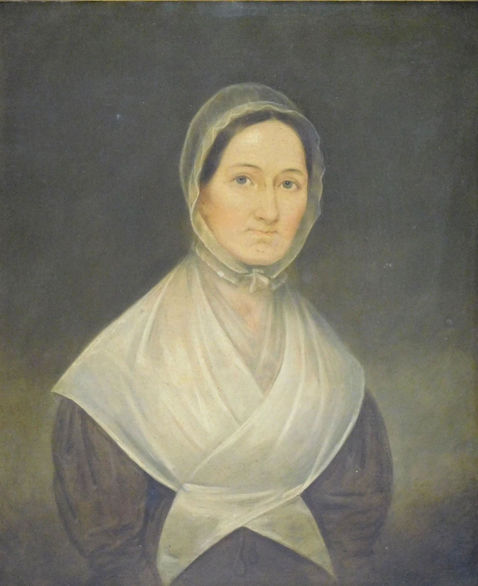 NaÃ¯ve portrait of Quaker woman, American, mid 19th C., oil on tin, woman wears white bonnet and (1 of 2)