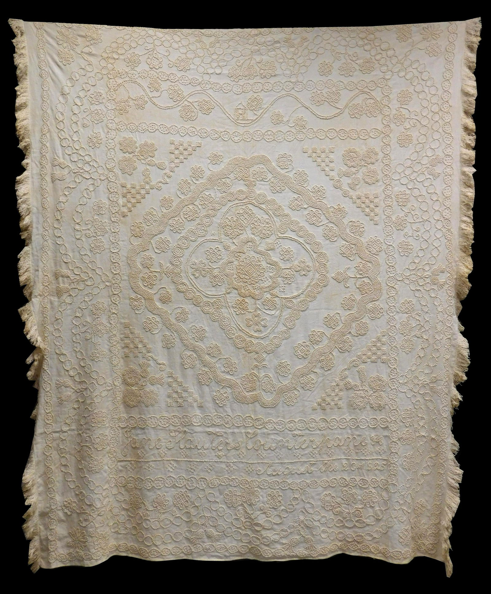 TEXTILE: Whitework ("candlewick") bedspread, c. 1790-1825, bedspread of white linen/cotton dimity (1 of 3)