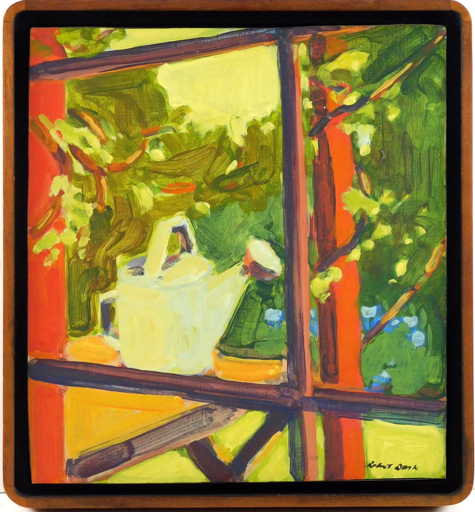 +Robert Dash (American, 1931 - 2013) "Watering Can", 1970, acrylic on board, view of an outdoor: +Robert Dash (American, 1931 - 2013) "Watering Can", 1970, acrylic on board, view of an outdoor garden, with a watering can resting on a table, through a mullion window, signed lower right, simple woo