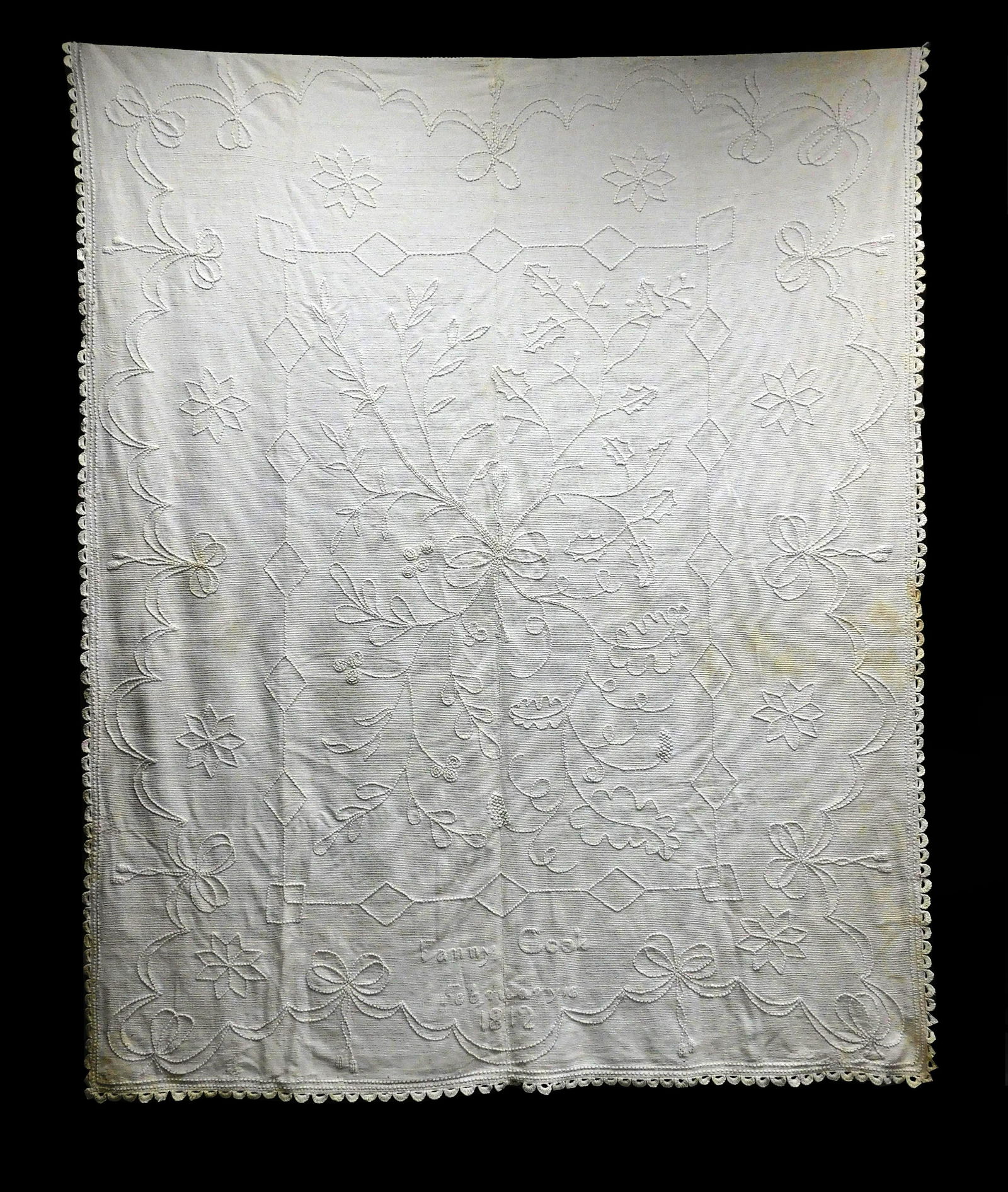 TEXTILE: Whitework ("candlewick") bedspread, "Fanny Cook," 1812 , bedspread of white cotton dimity (1 of 6)